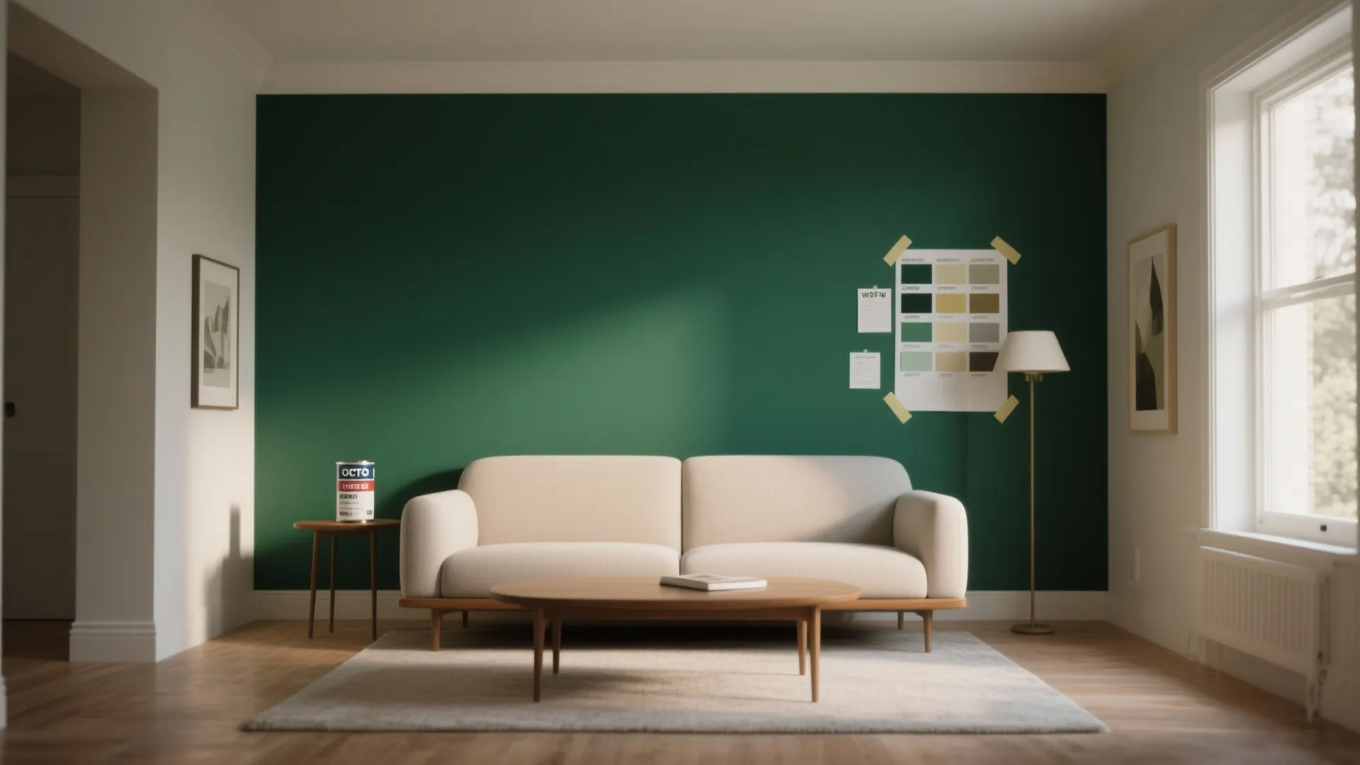 Modern living room featuring dark green wall with cream sofa wooden coffee table and floor lamp
