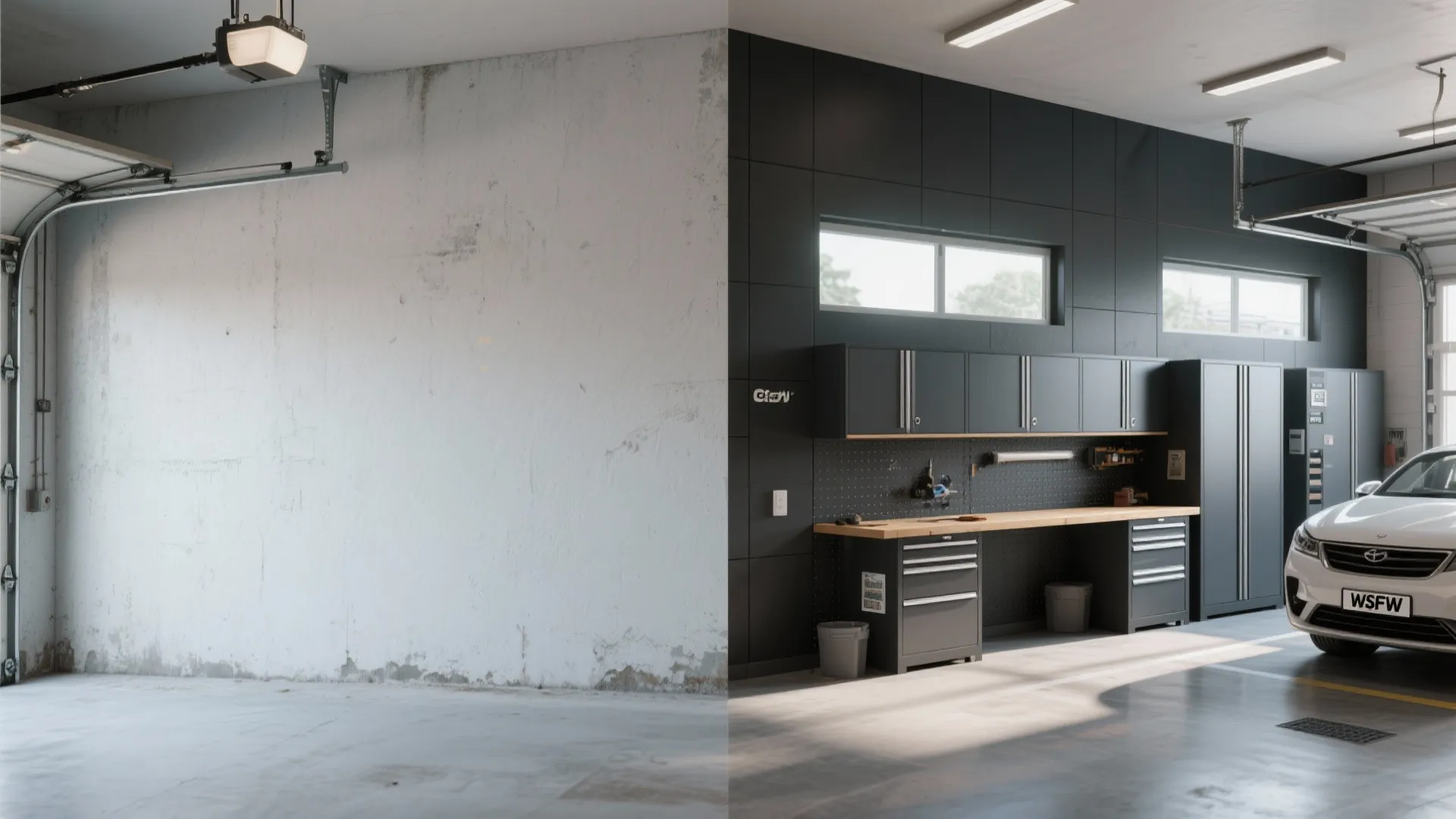Before and after comparison of old empty garage versus renovated space with dark wall panels