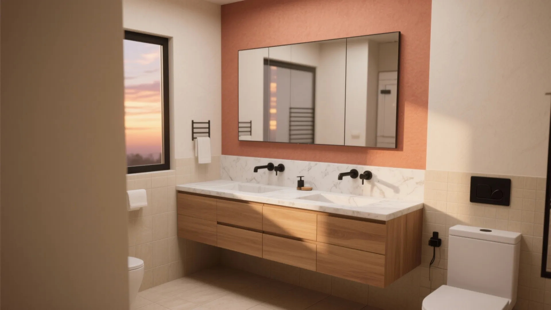 Modern bathroom with orange accent wall floating wood cabinet double sinks and large window view