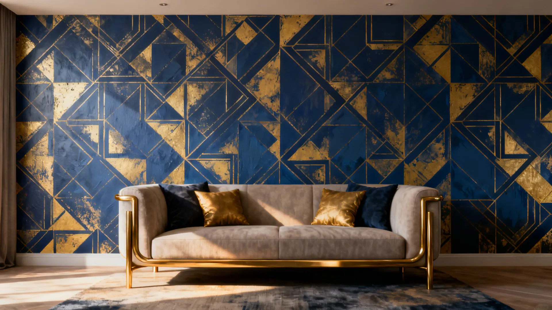 Living room with a navy and gold geometric peel-and-stick accent wall behind the sofa.
