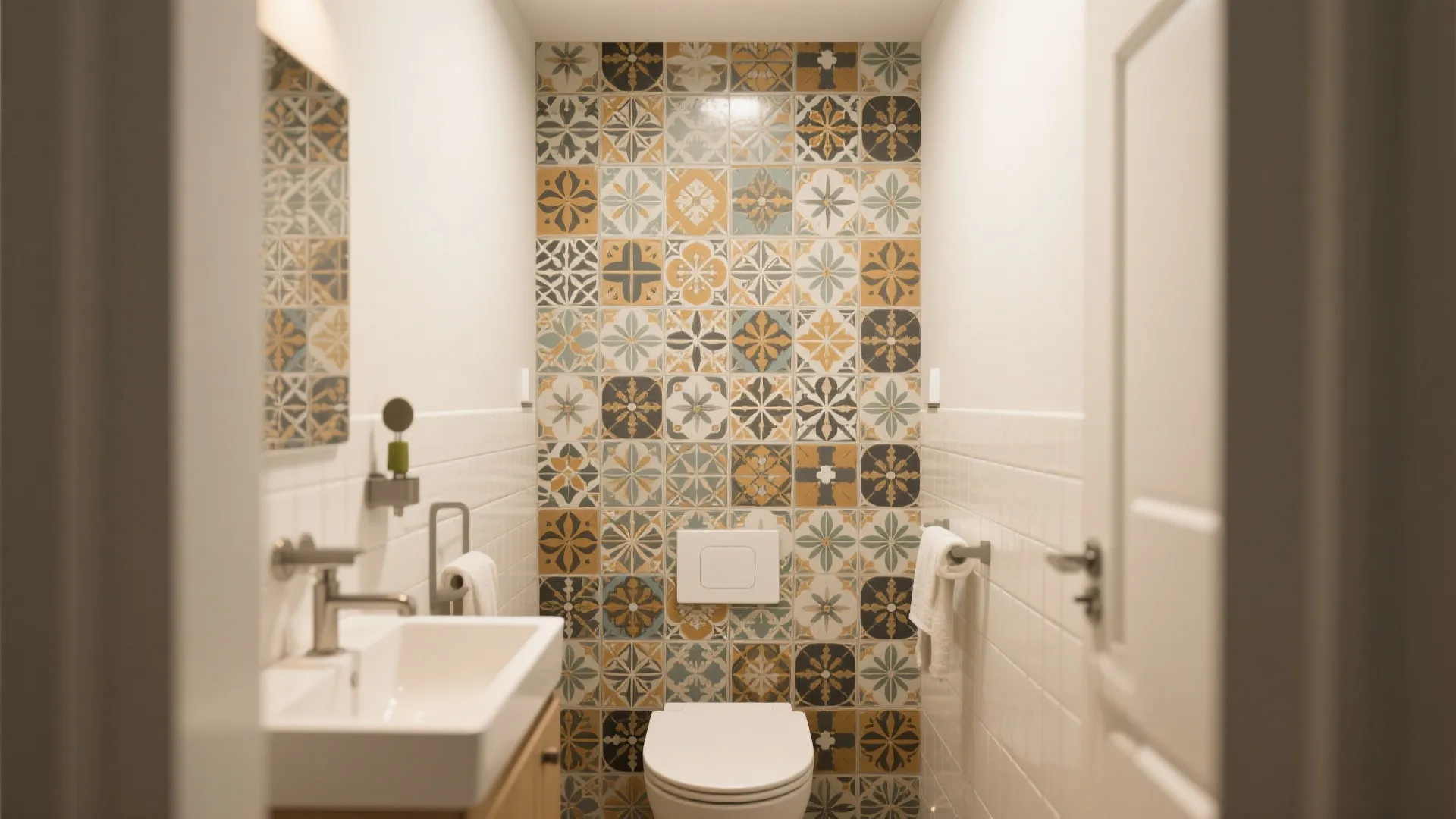 Narrow bathroom featuring colorful patterned wall tiles with white toilet sink and clean white walls
