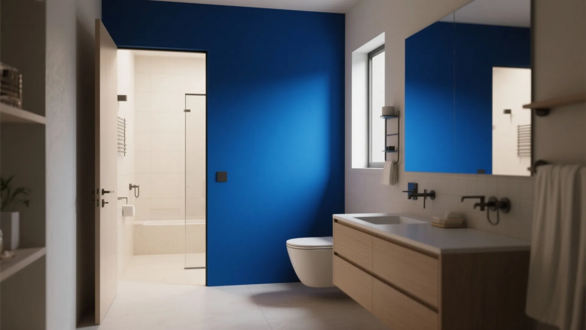 Minimalist bathroom featuring a bright blue wall with wooden cabinet and a white toilet seat