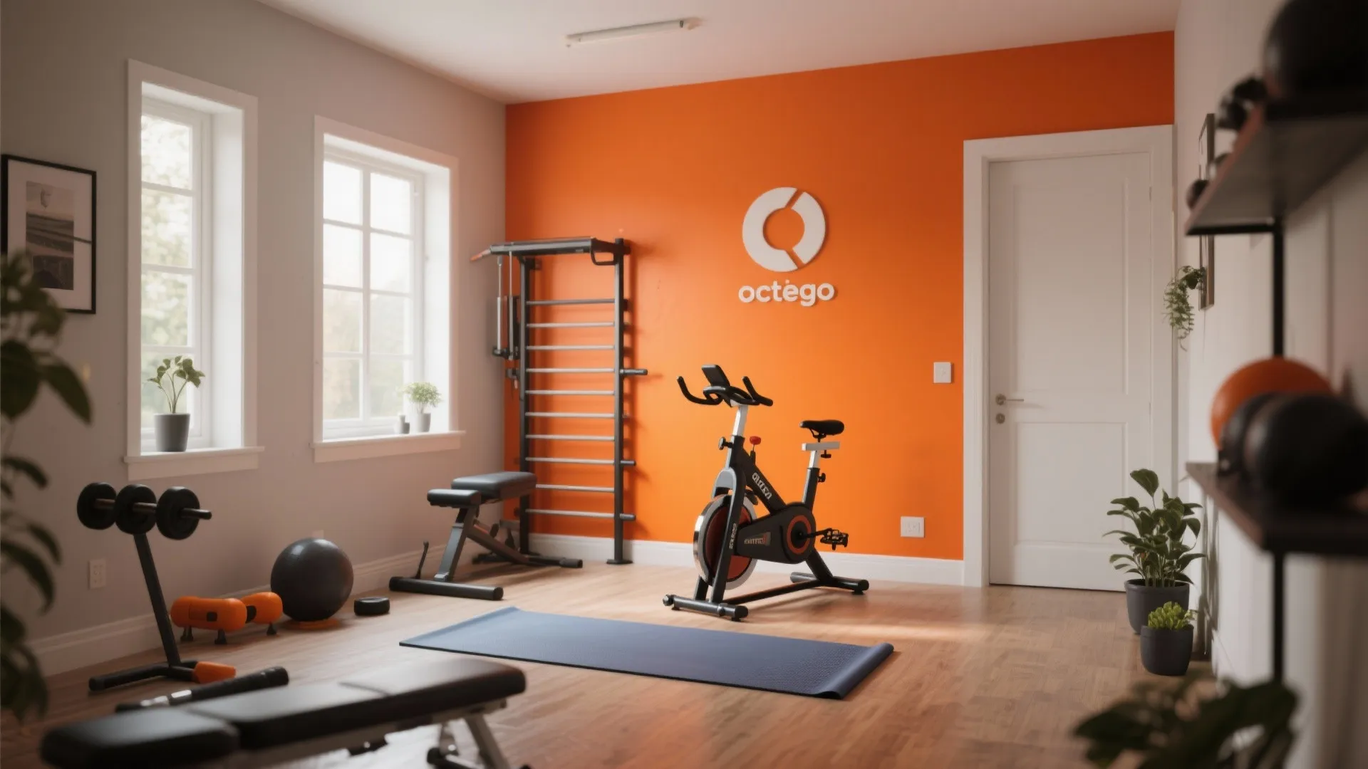 Small home gym with bold orange accent wall for motivation