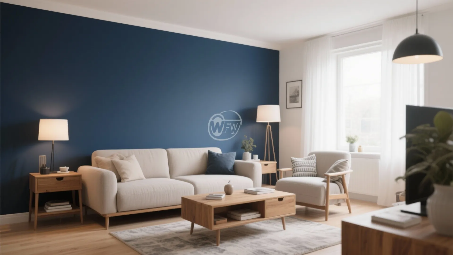 Modern living room with dark blue wall beige sofa wooden coffee table and white armchair furniture