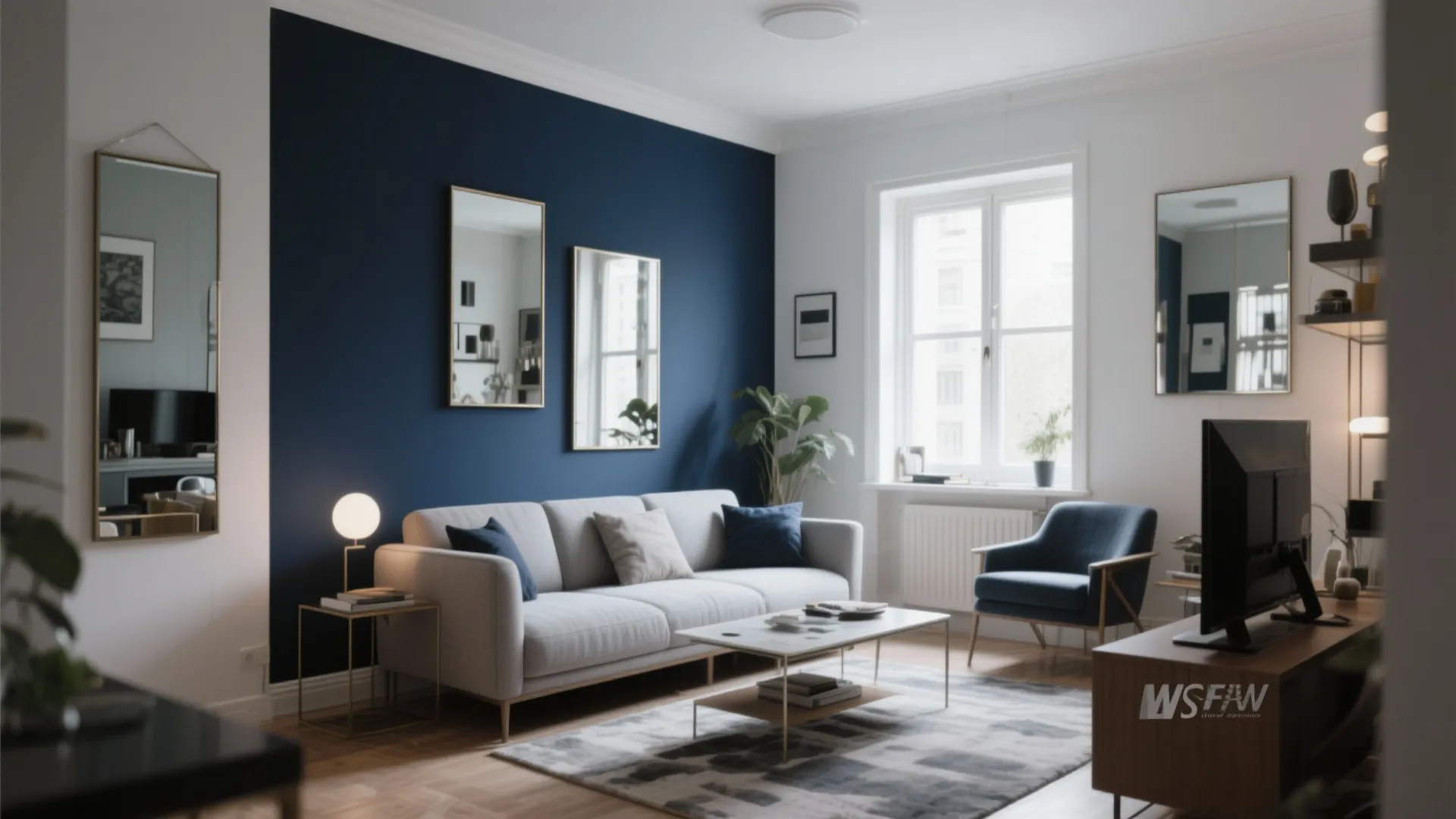 Modern living room featuring a navy blue accent wall grey sofa mirrors and natural light