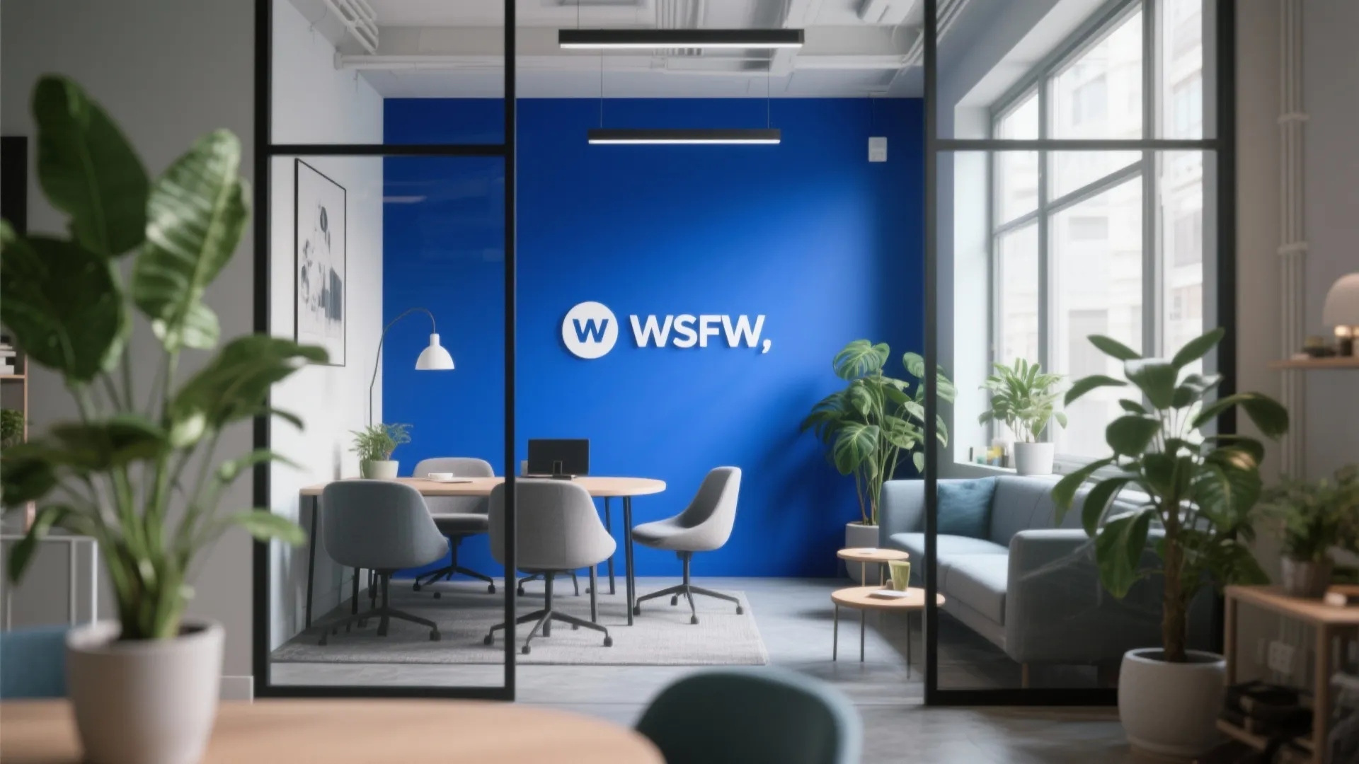 Modern office interior with blue accent wall wood meeting table grey chairs and glass door