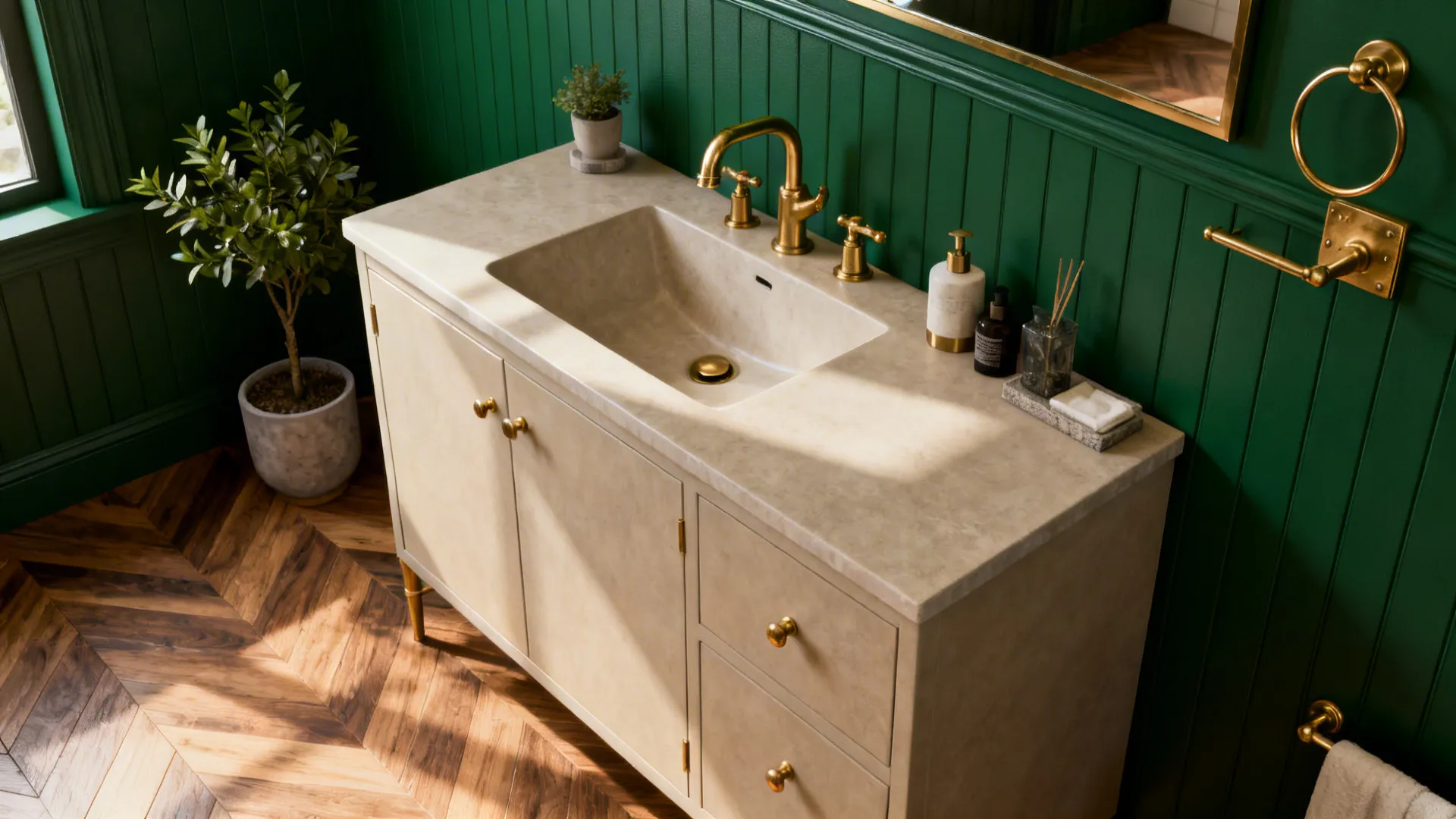Small powder room with deep-green wallpaper accent paired with brass hardware and neutral finishes
