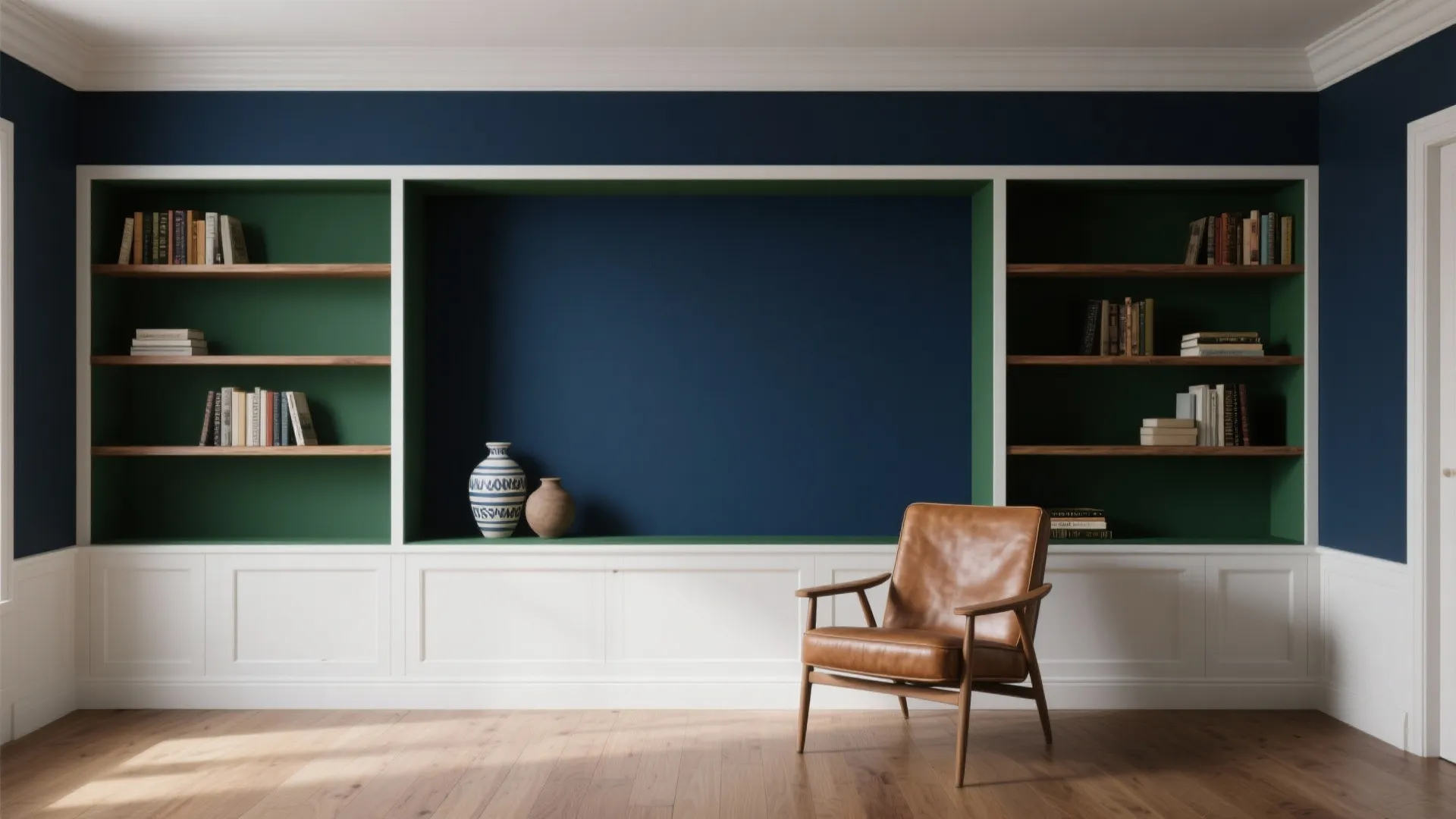 Interior showing a deep navy accent wall and forest green bookcase with white trim and wood accents.