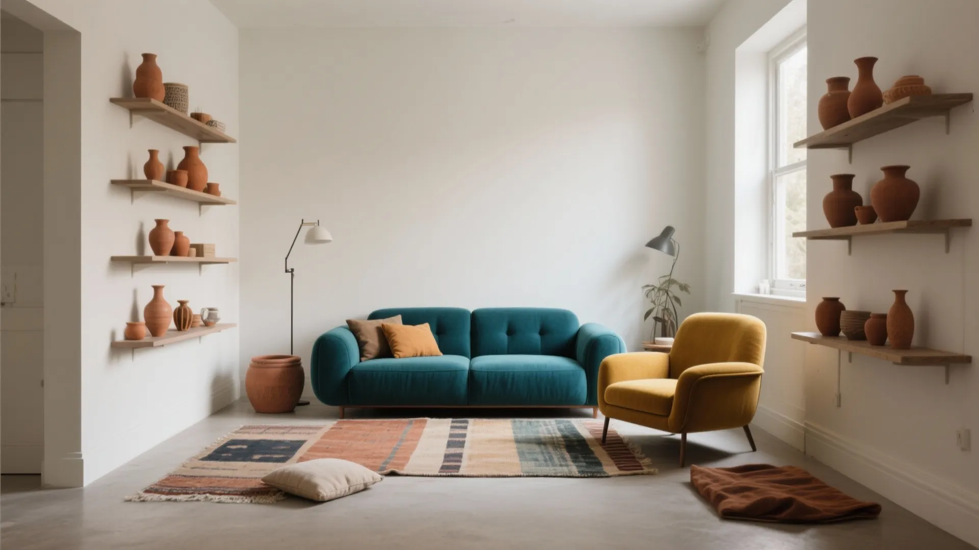 Modern living room with teal sofa yellow armchair pattern rug and wall shelves holding clay pots