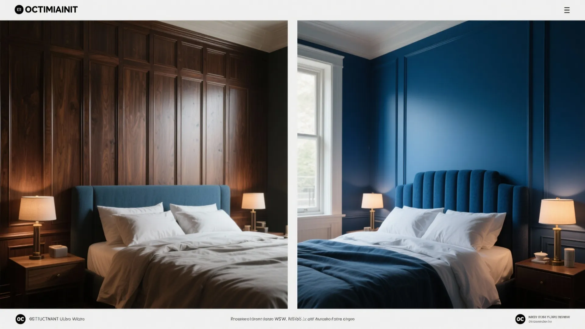 Bedroom comparison showing dark wood wall panel versus bright blue painted wall with bedside lamps