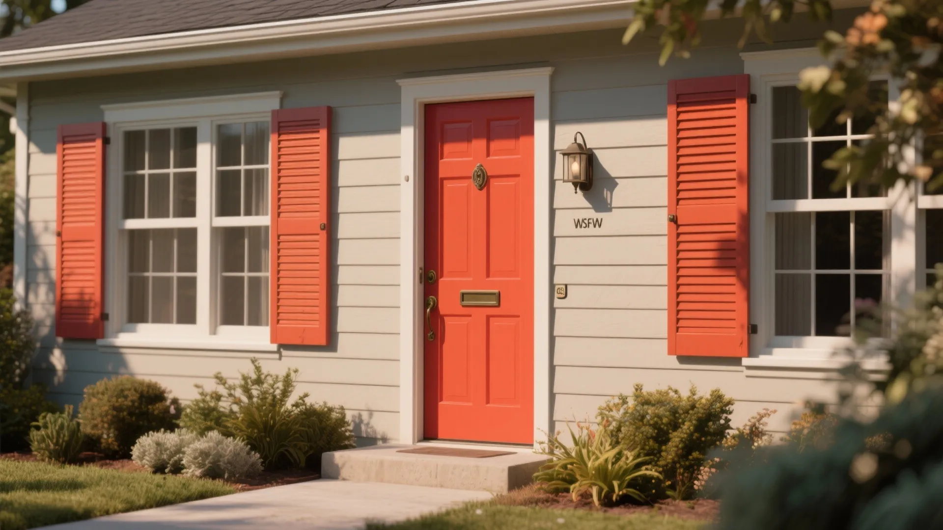 Bright red front door on a grey house with orange window shutters and green garden
