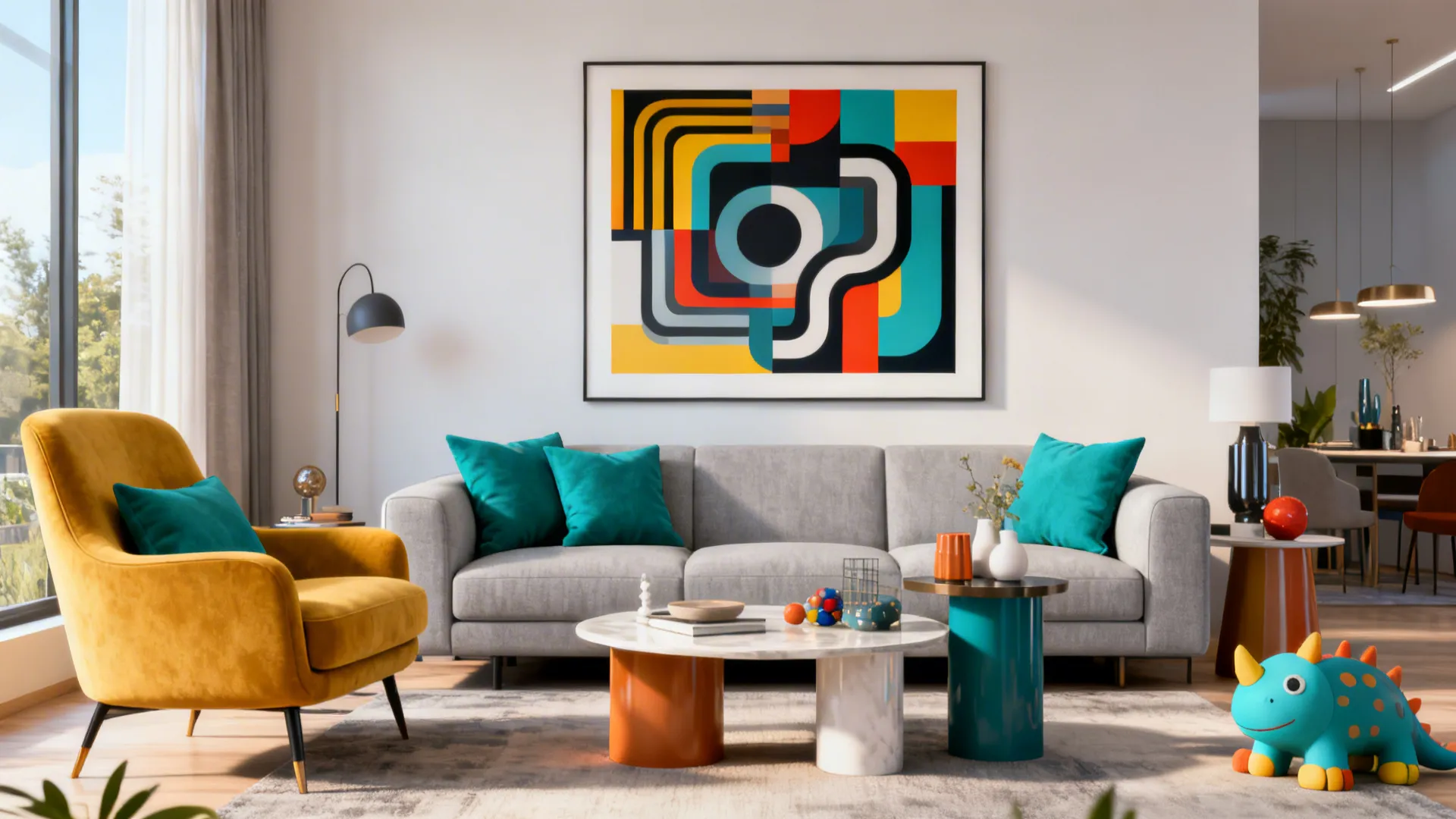 Modern living room with grey sofa, yellow chair, colorful abstract art, rug, and dinosaur toy