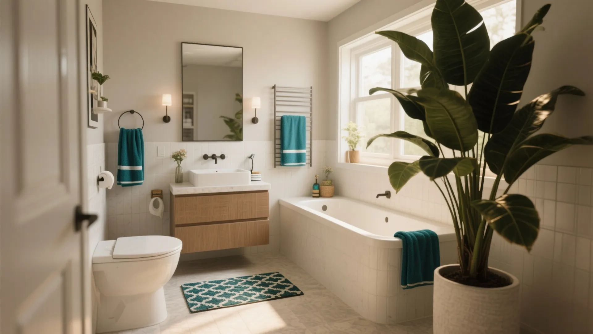 Bright bathroom with white bathtub wooden cabinet teal towels green plant and white wall tile decor
