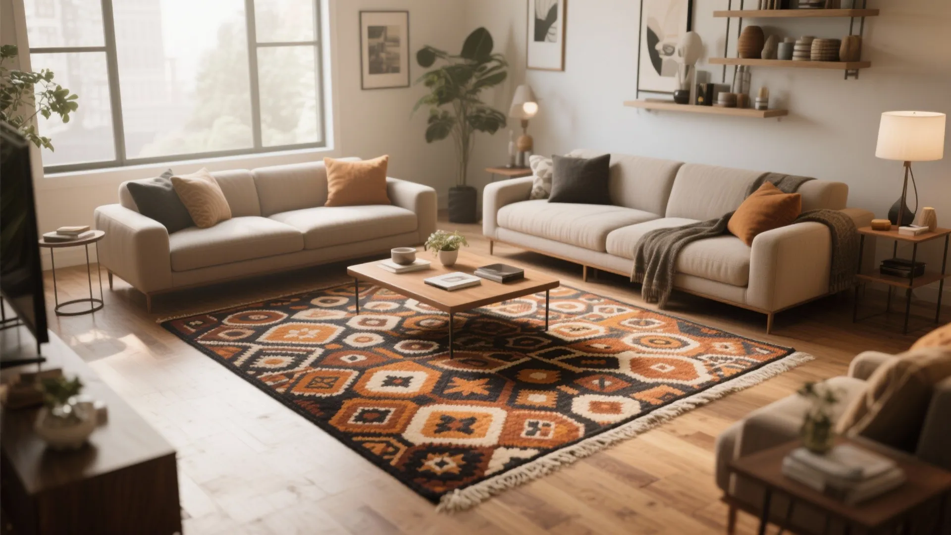 Living room with a large colorful pattern rug placed between two sofas and a table