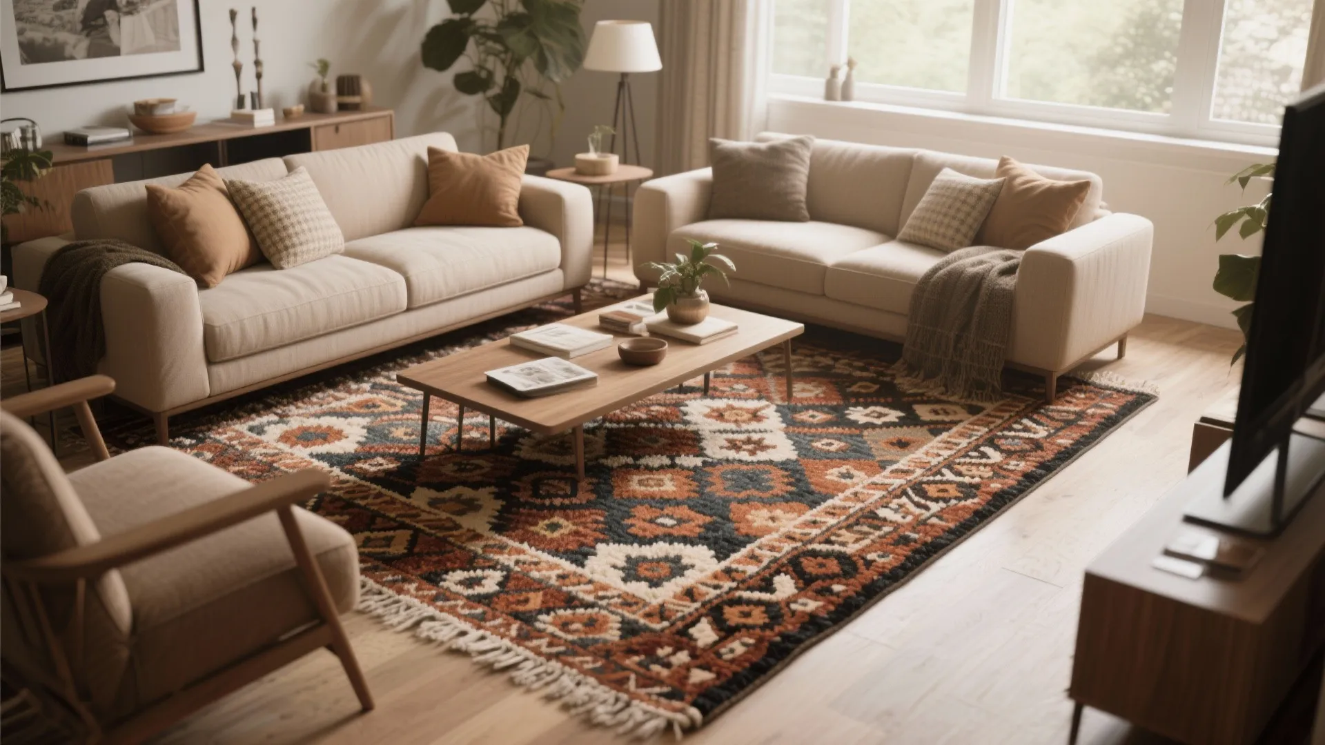5. Anchoring with a Bold Area Rug
