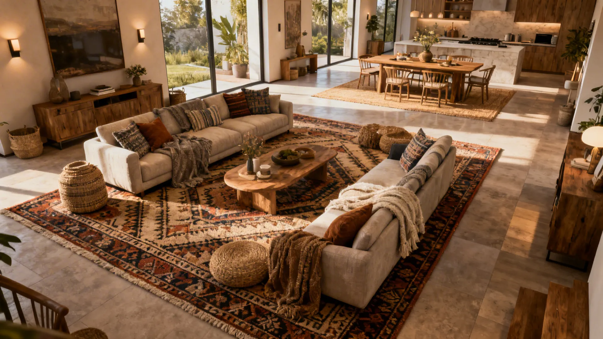 Open-plan living-dining area defined by a large patterned rug anchoring furniture groupings.