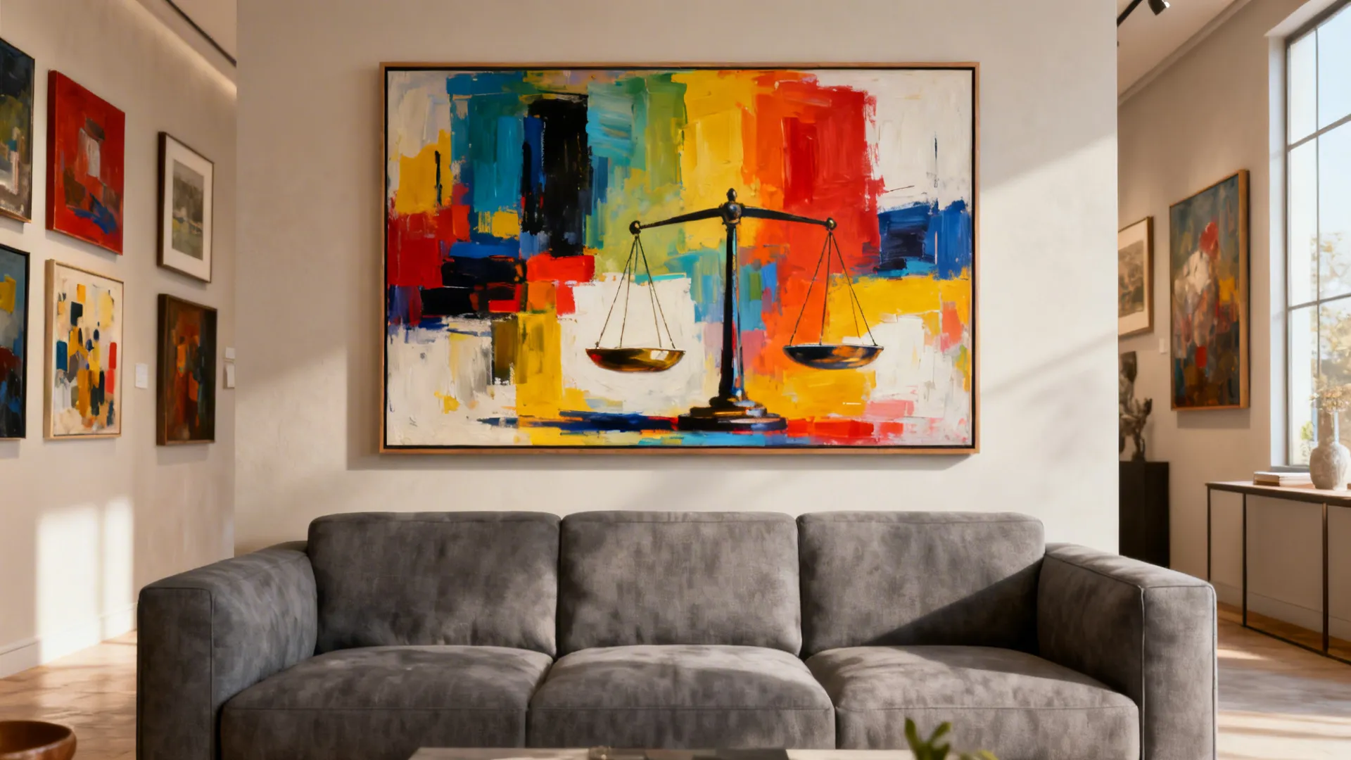 Mid-gray couch with a large bold abstract painting hung above it
