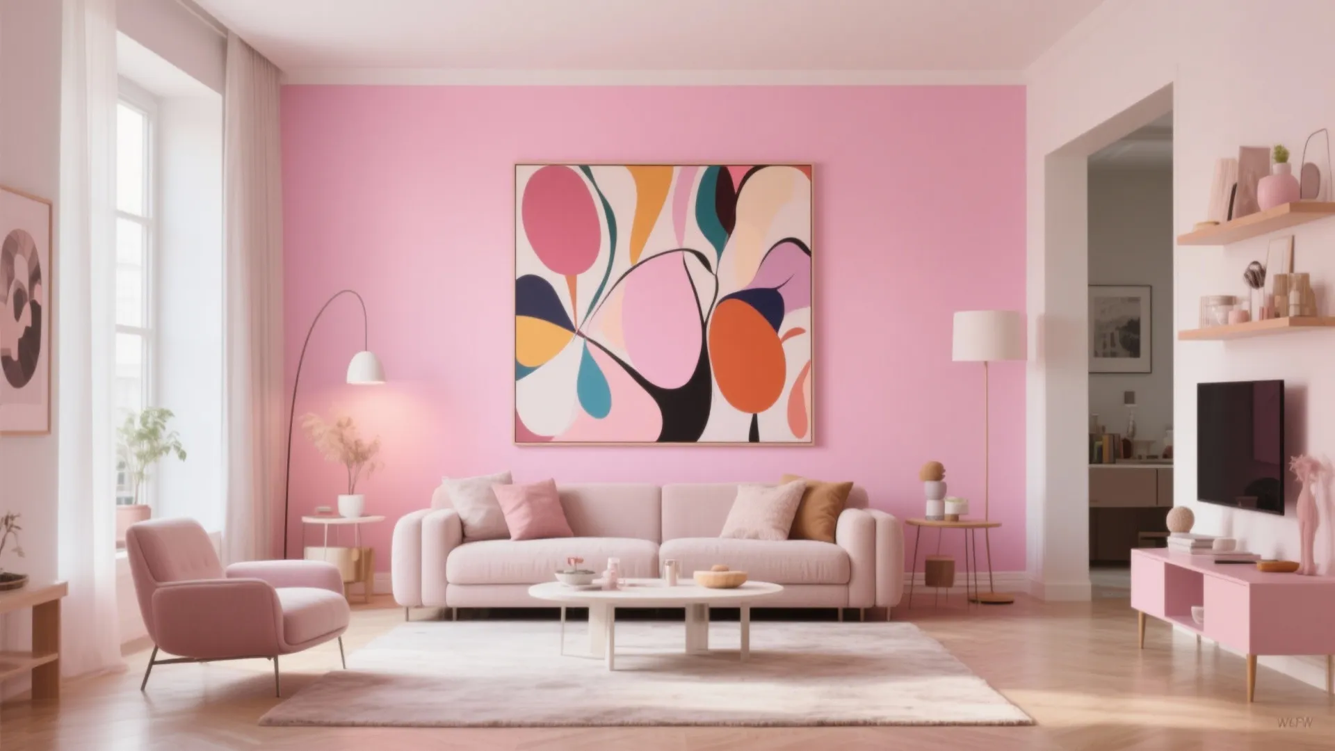 Pink living room with abstract art white sofa pink armchair coffee table and tall lamp