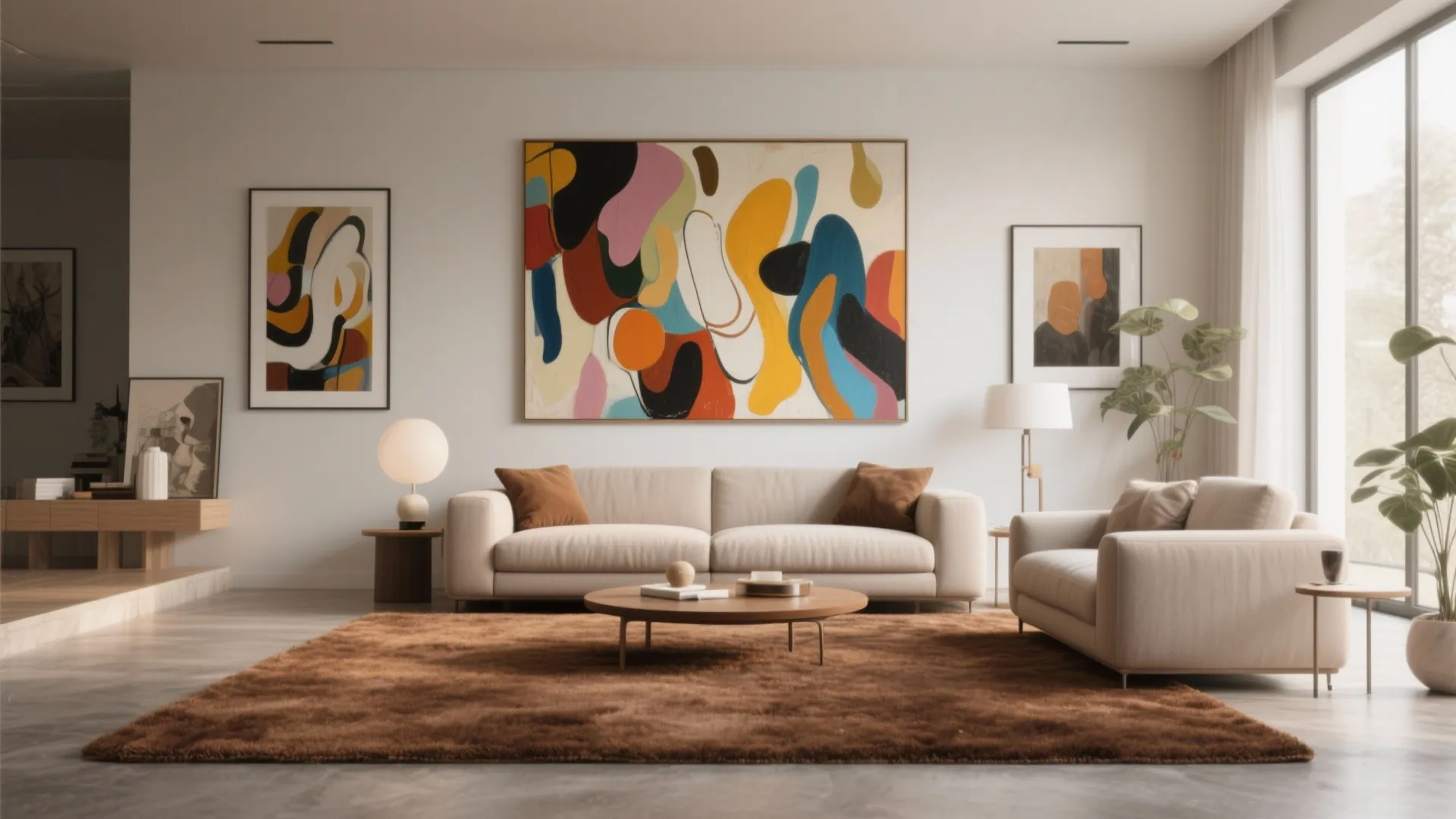 Brown carpet with bold abstract wall art