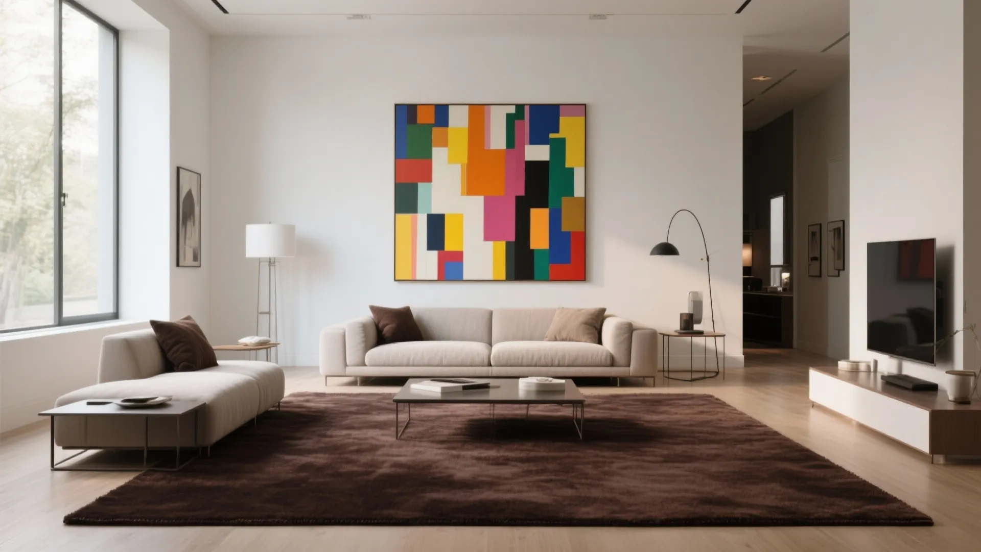 Living room with dark brown carpet and bold colorful art