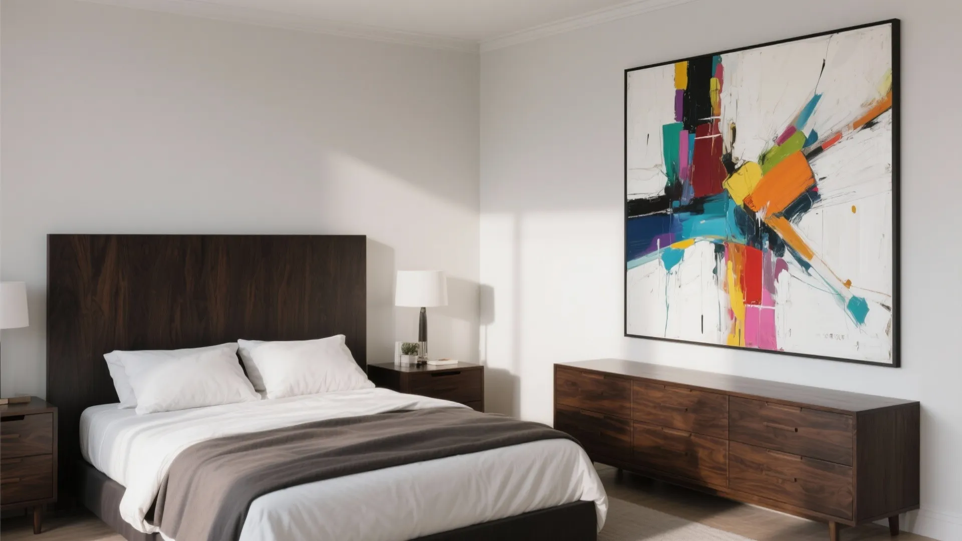 Modern bedroom with dark wood bed, large colorful abstract wall art, and long wooden cabinet