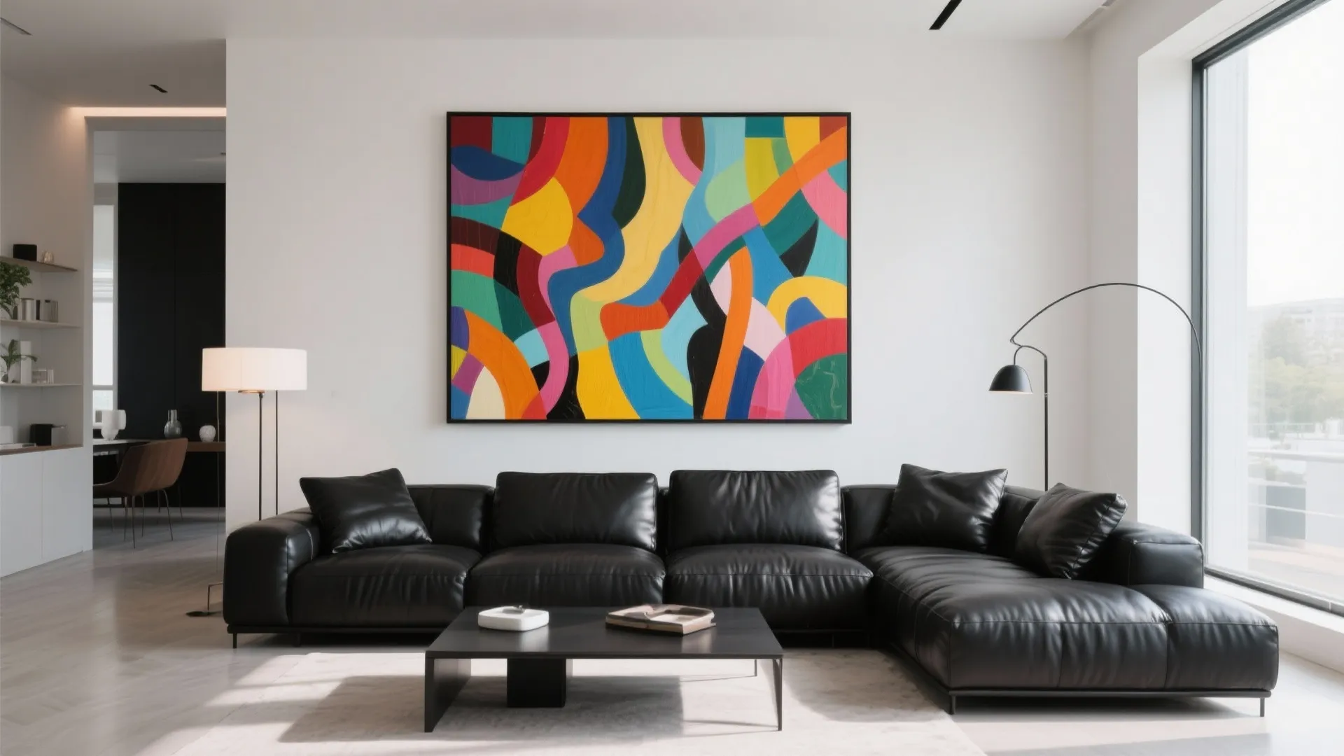 Black leather sectional with colorful abstract art