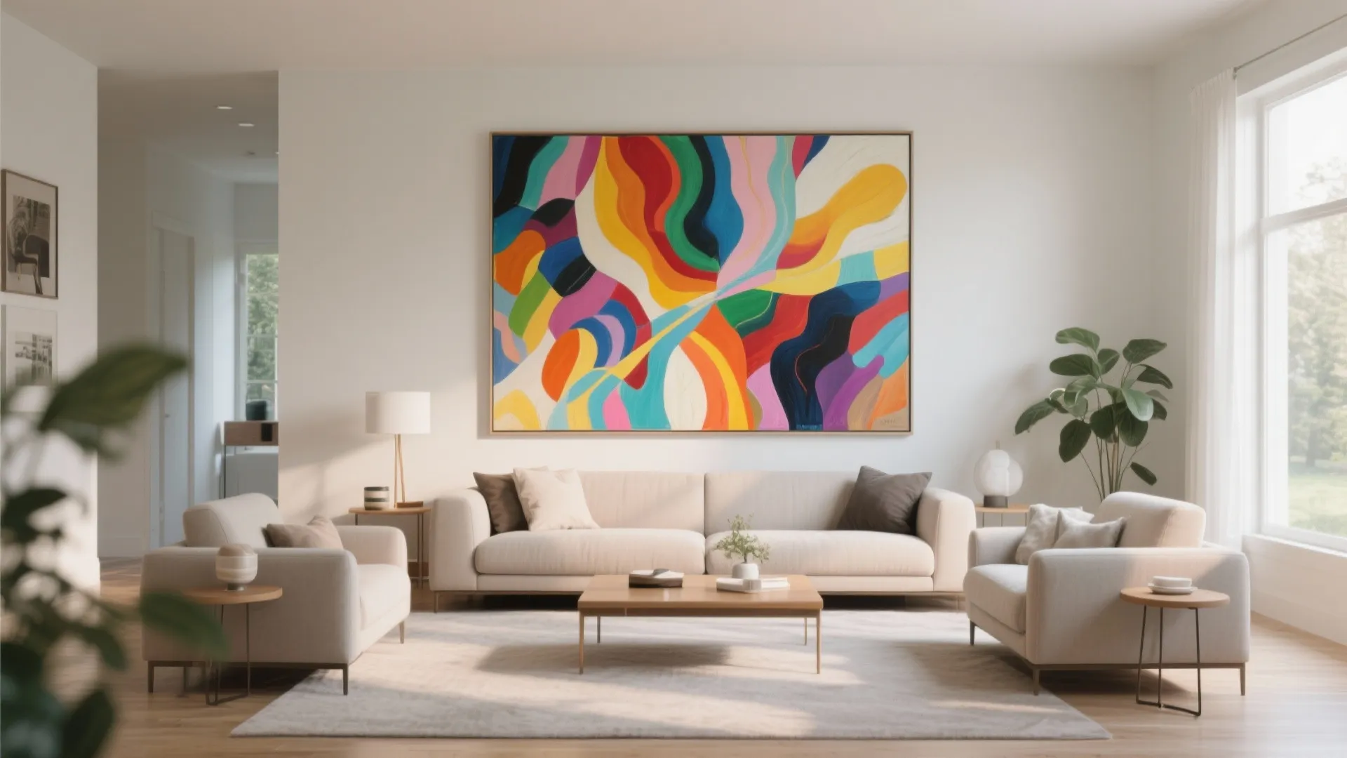 Modern living room with white sofas wooden coffee table and large colorful abstract wall painting