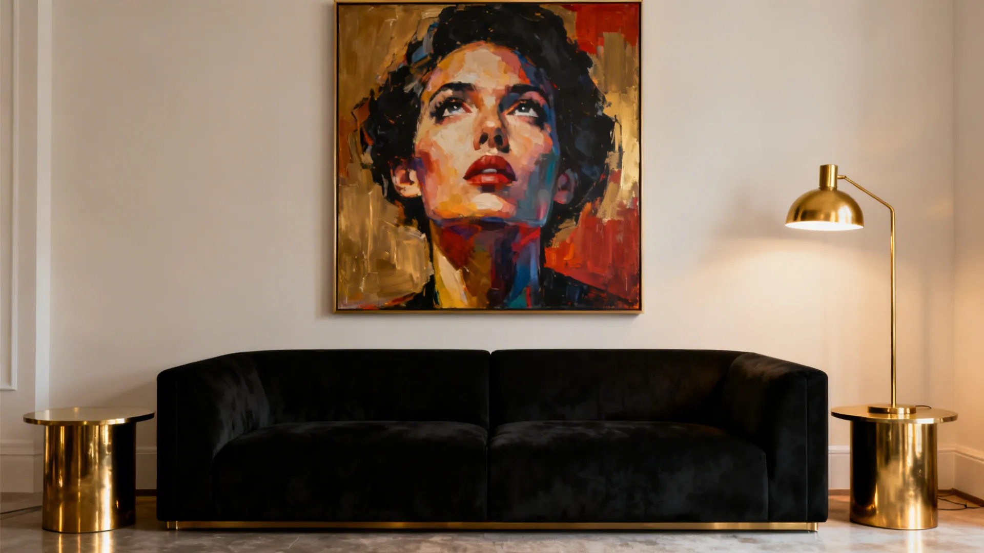 Black sectional with large bold art above and brass accents adding warmth.