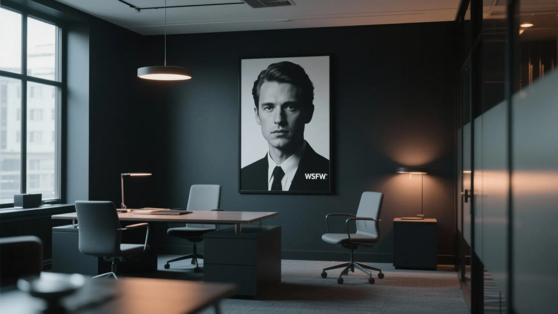 Oversized black-and-white portrait in moody office