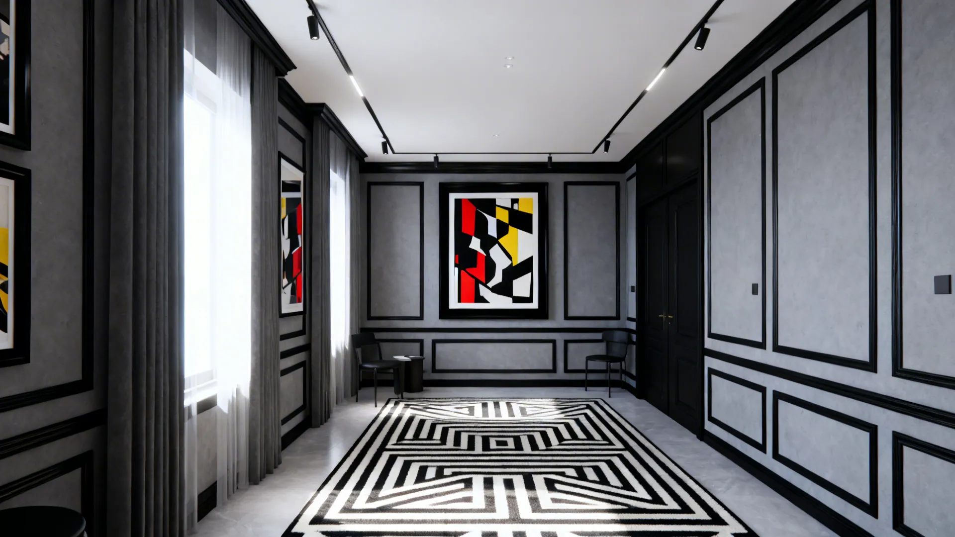 Large graphic painting and geometric rug framed by black trim on grey walls.