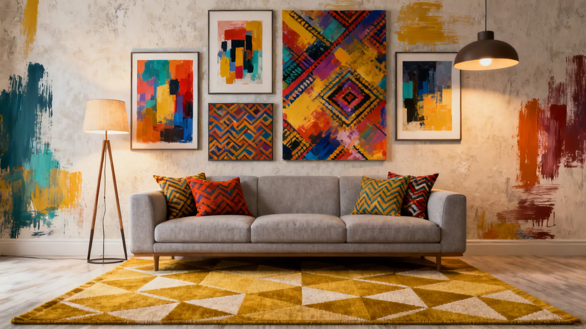 Modern living room with grey sofa colorful wall art yellow rug floor lamp and ceiling light