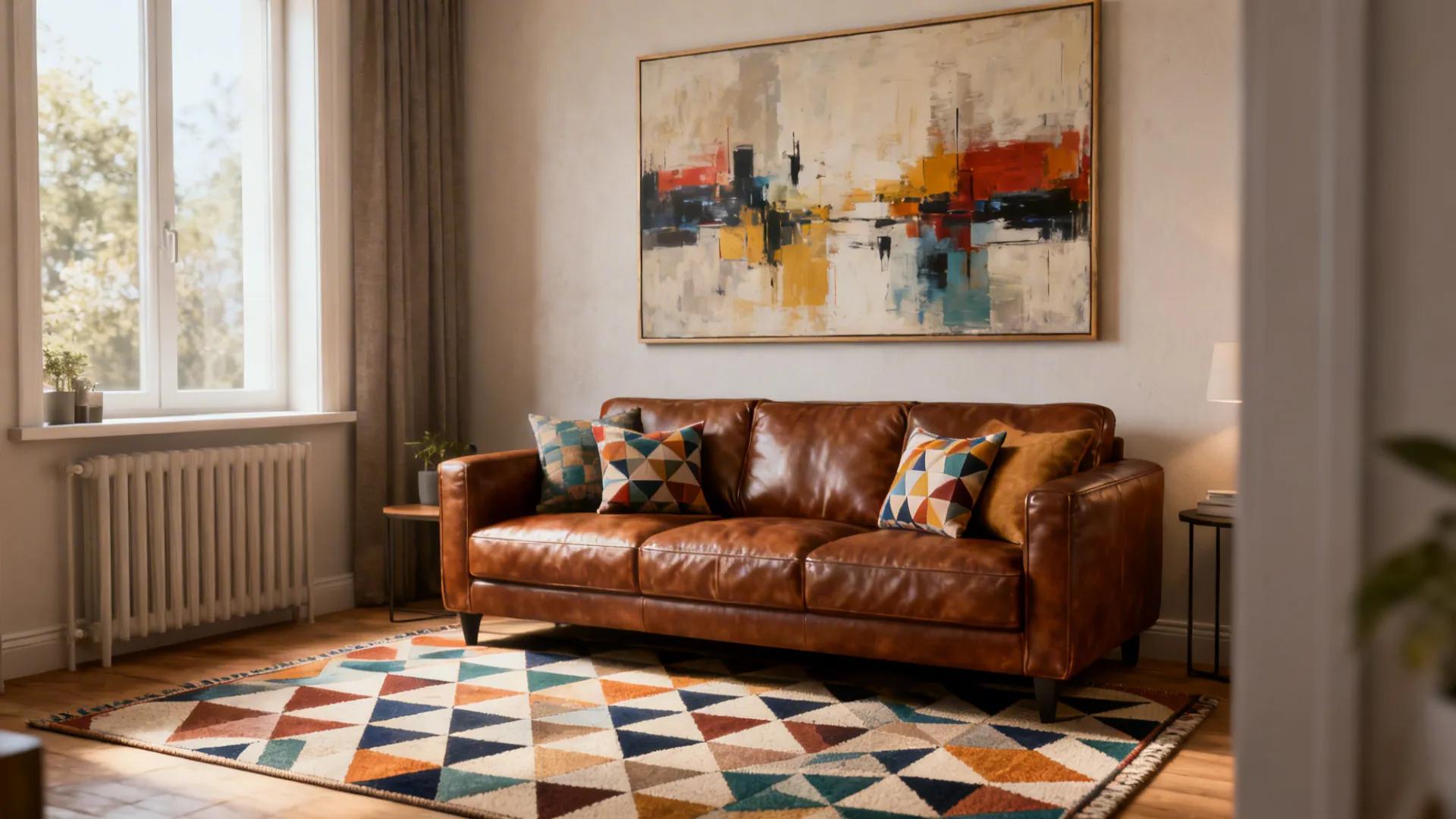 Brown leather sofa with oversized abstract art and geometric rug