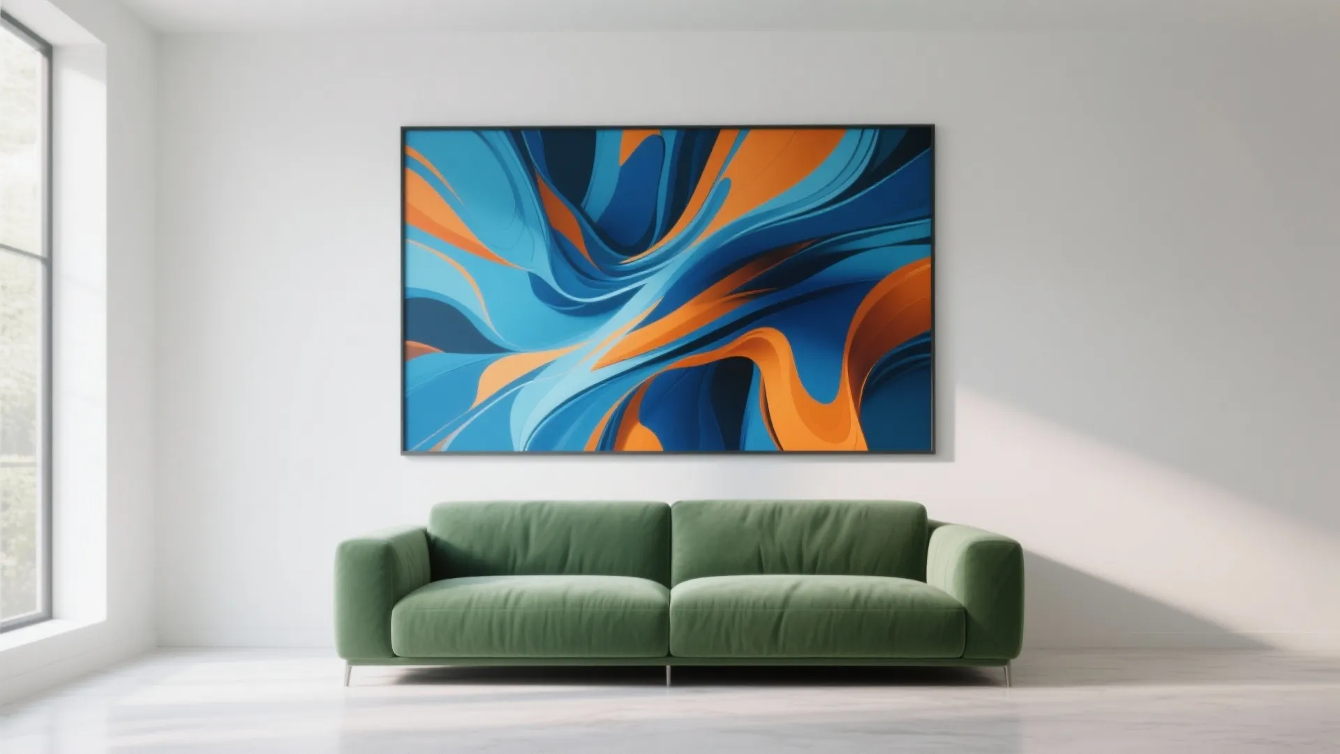 Modern green sofa below a large blue and orange abstract painting on a white wall