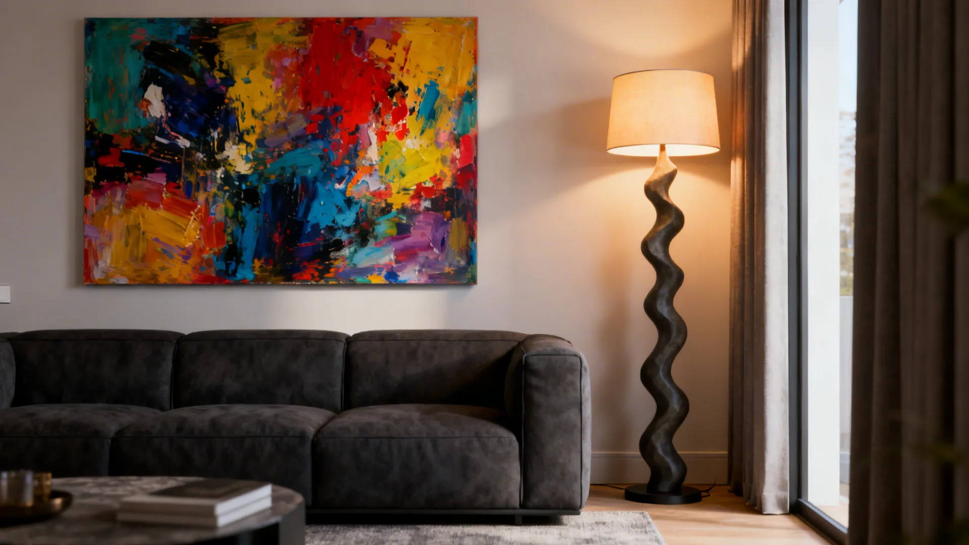 Dark grey sofa with oversized abstract art and a sculptural floor lamp to draw the eye upward.