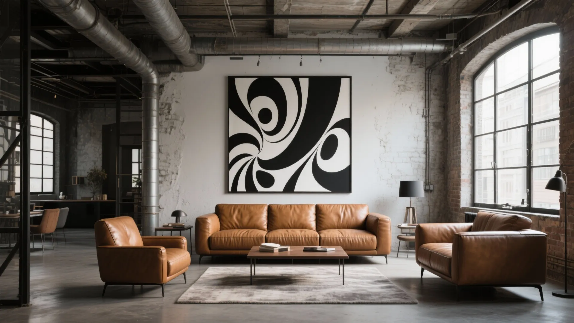 Tan leather sofa in a loft with bold monochrome abstract art
