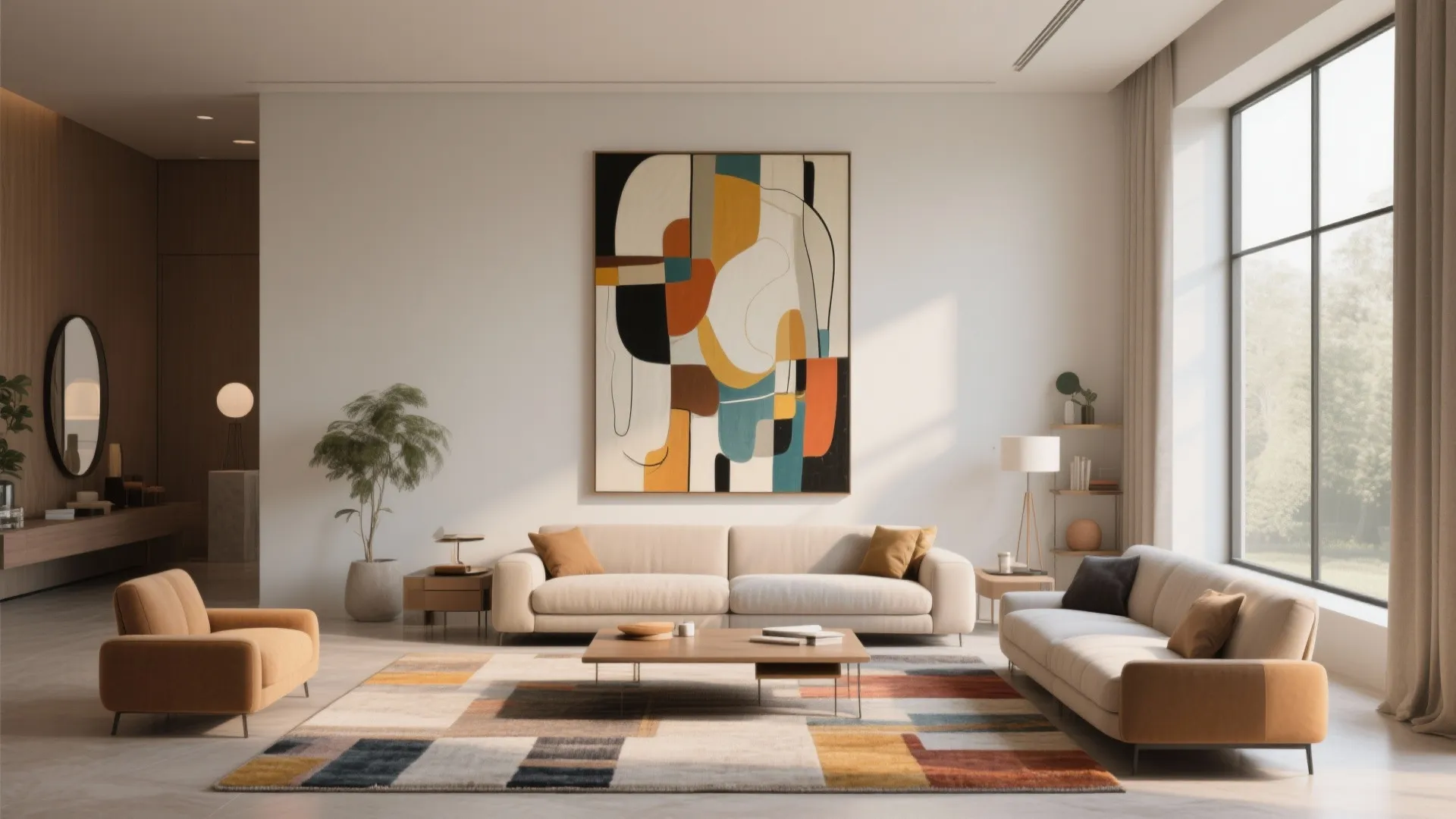 Modern living room with abstract wall painting colorful rug beige sofas and large glass windows