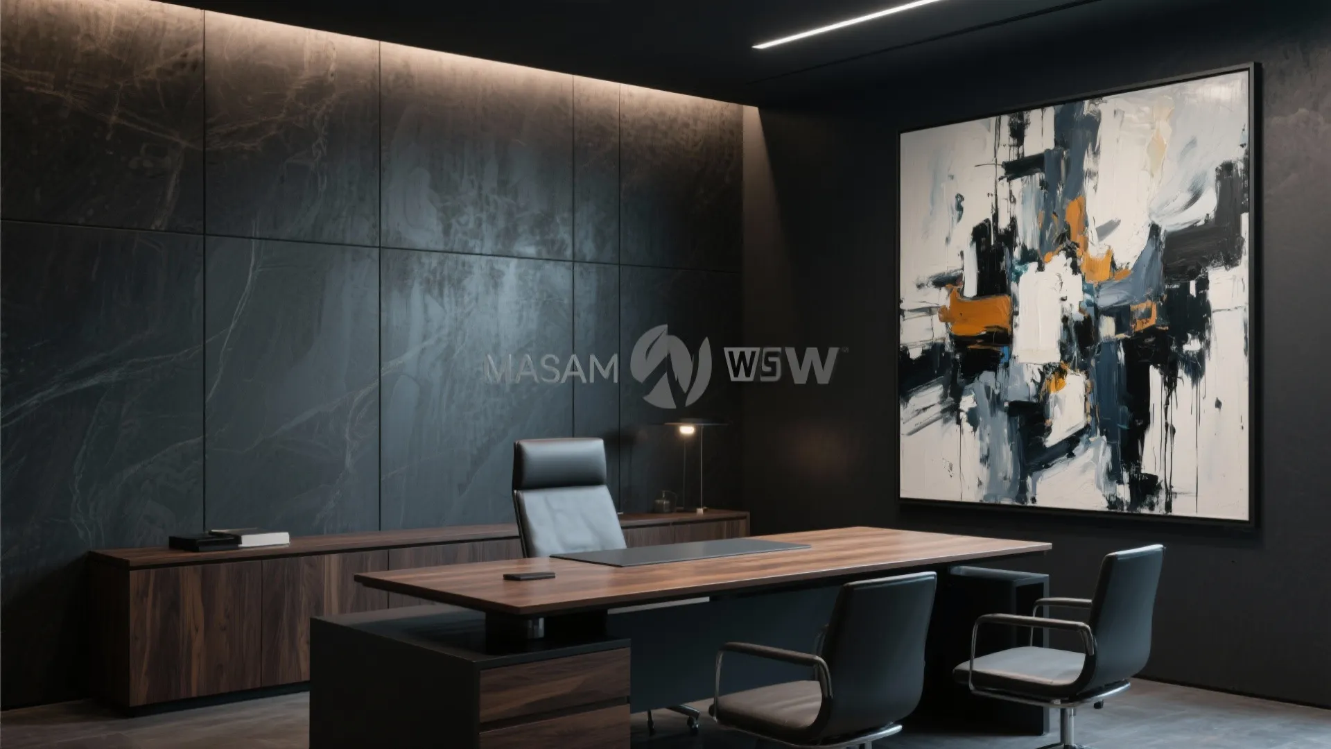 Dark modern office space with black wall panels large abstract painting and a wooden desk