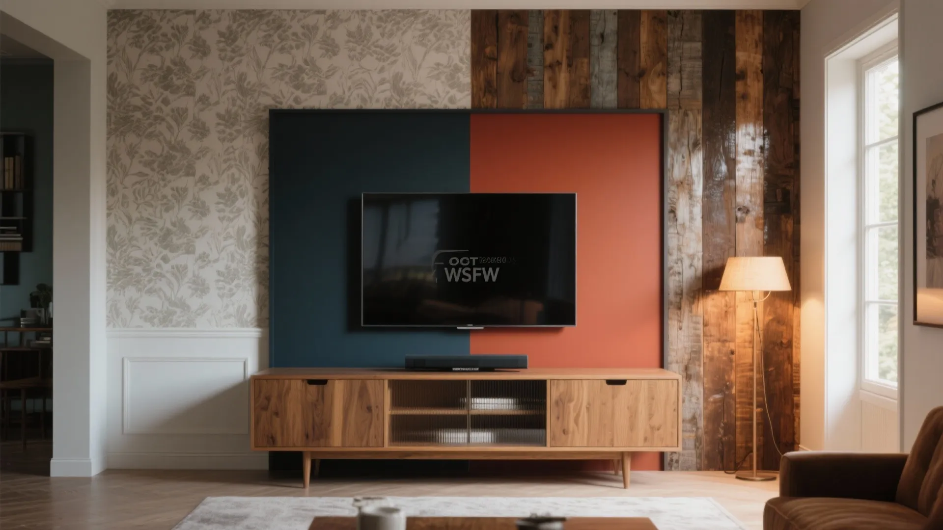 TV cabinet with a contrasting back panel, showing deep painted color and reclaimed timber options behind the screen.