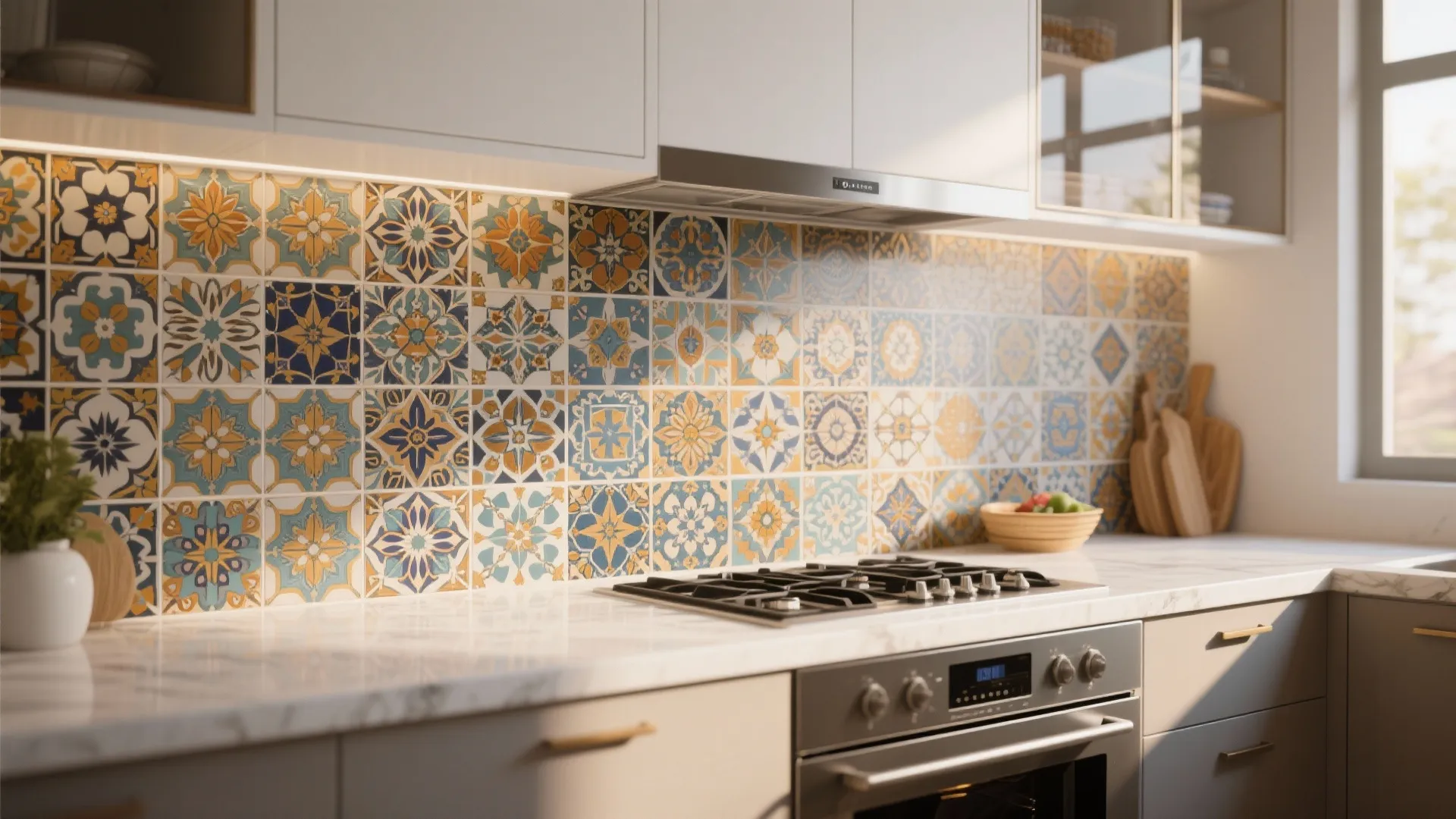 Kitchen counter with colorful pattern wall tiles gas stove white marble top and wooden cabinets