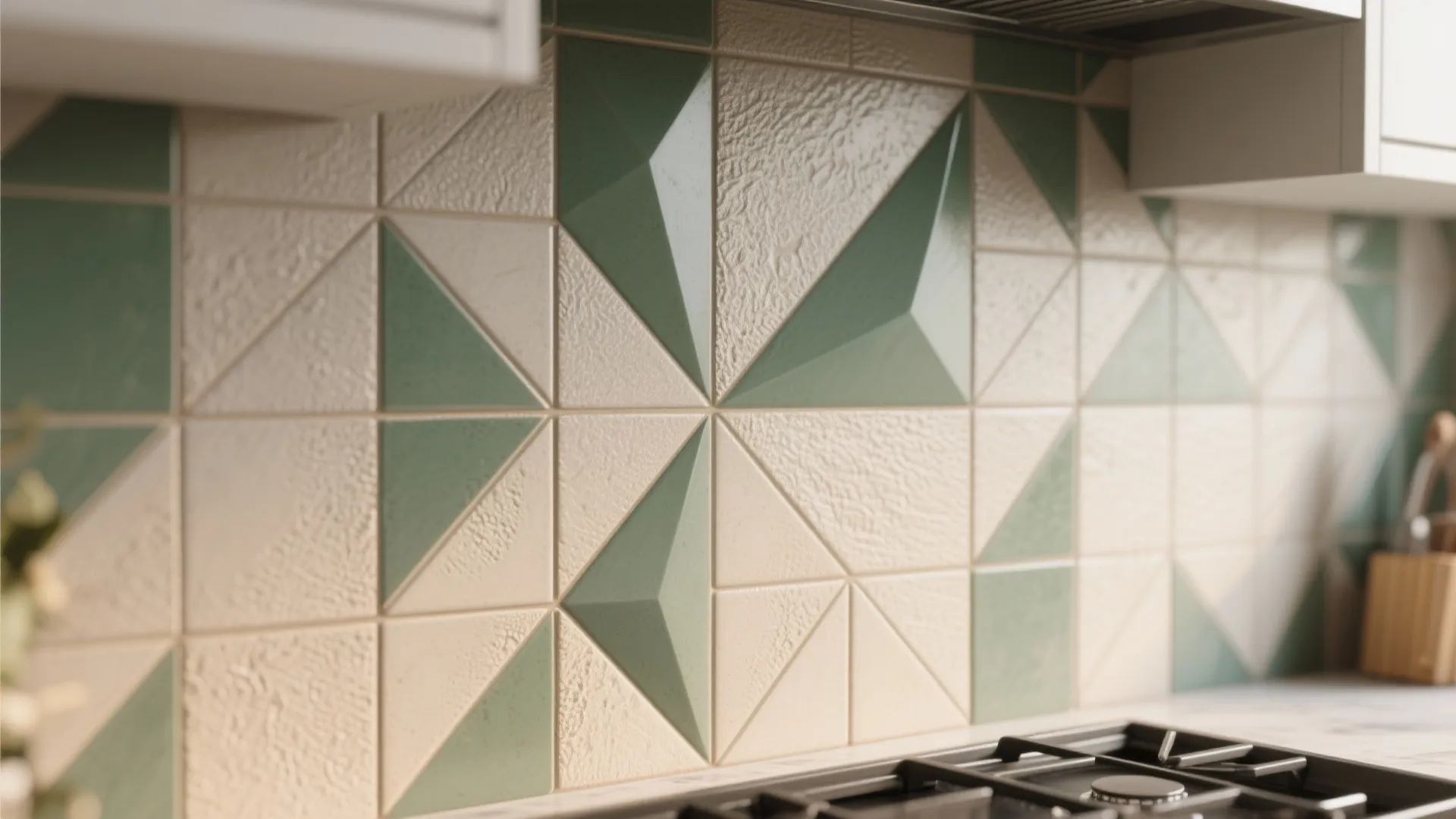 Modern kitchen with green and white triangle wall tiles above a black stove cooking area
