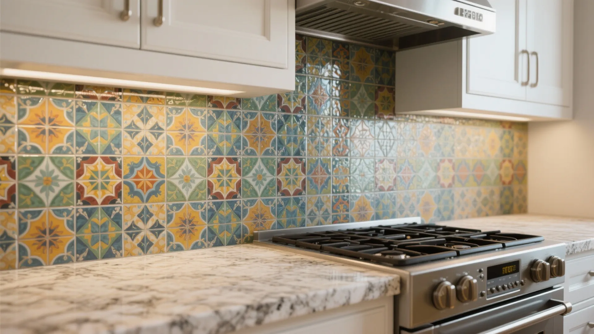 Colorful patterned backsplash as focal point above stove with neutral granite and white cabinets.