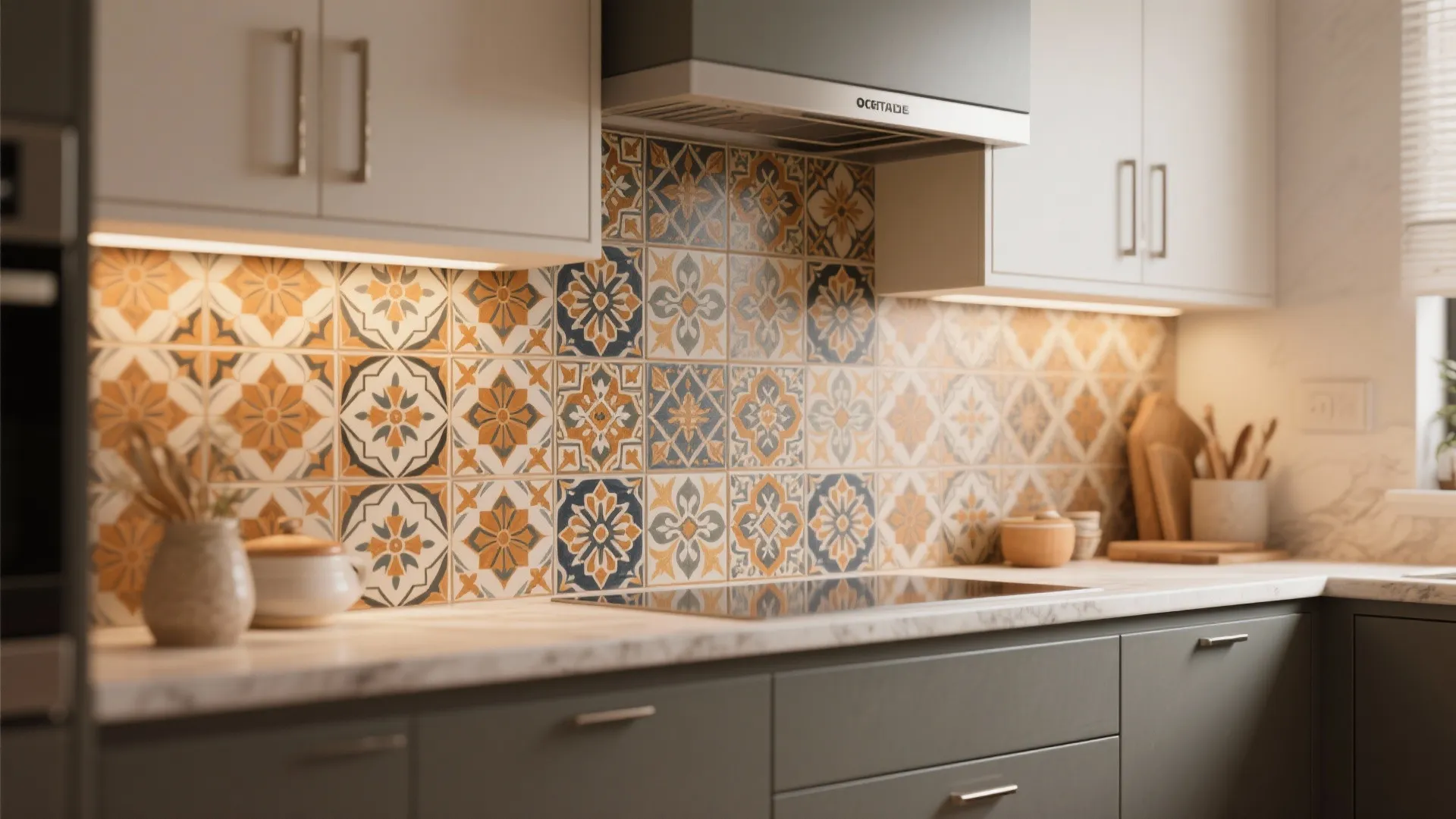 Kitchen wall with colorful patterned tiles white cabinets grey drawers stove and small wooden accessories