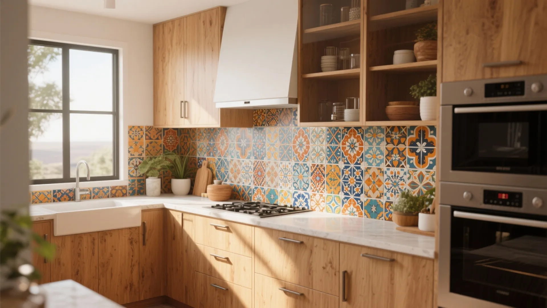 Kitchen with wood cabinets featuring colorful patterned tile wall and white sink under sunny window