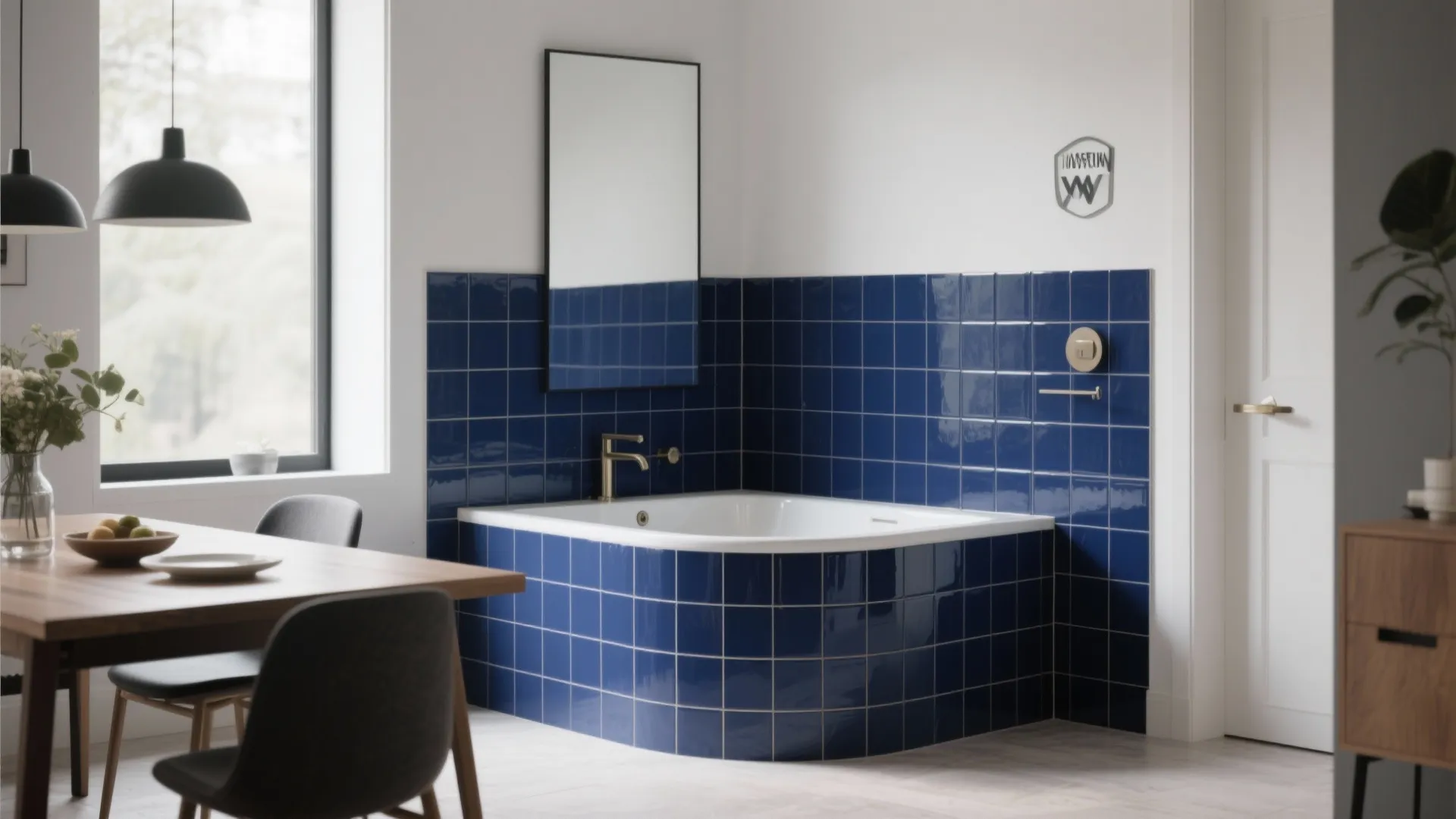 Navy tiles create a striking basin feature wall