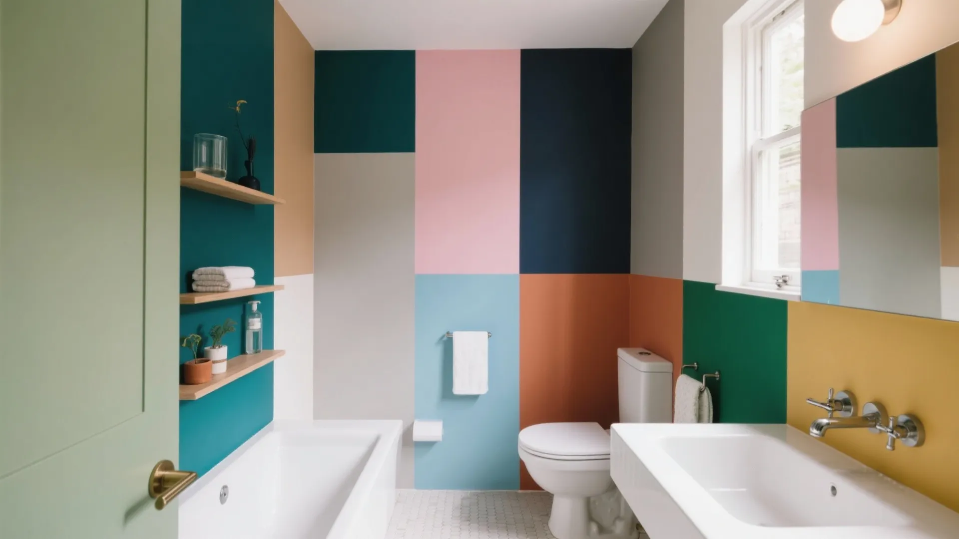 Colorful bathroom with multi colored wall panels white bathtub toilet and sink under natural light