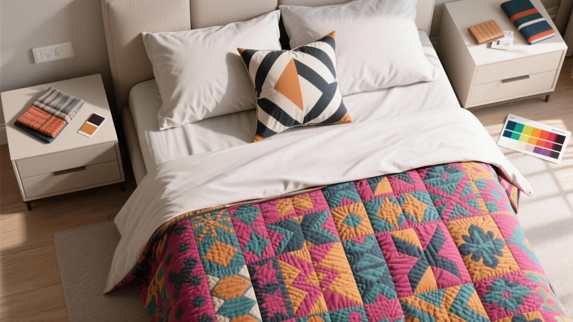 Top-down view of bed with vibrant patterned quilt, solid sheets and a graphic pillow with fabric swatches