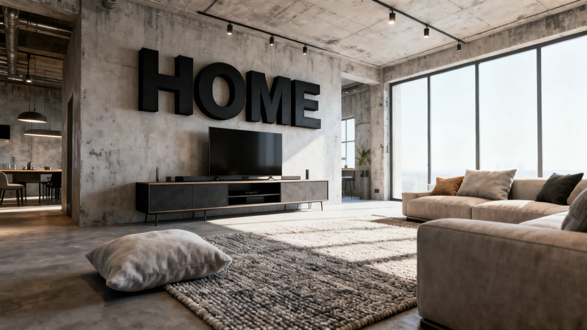 Open-plan living room with oversized black block letters 'HOME' over a media console.