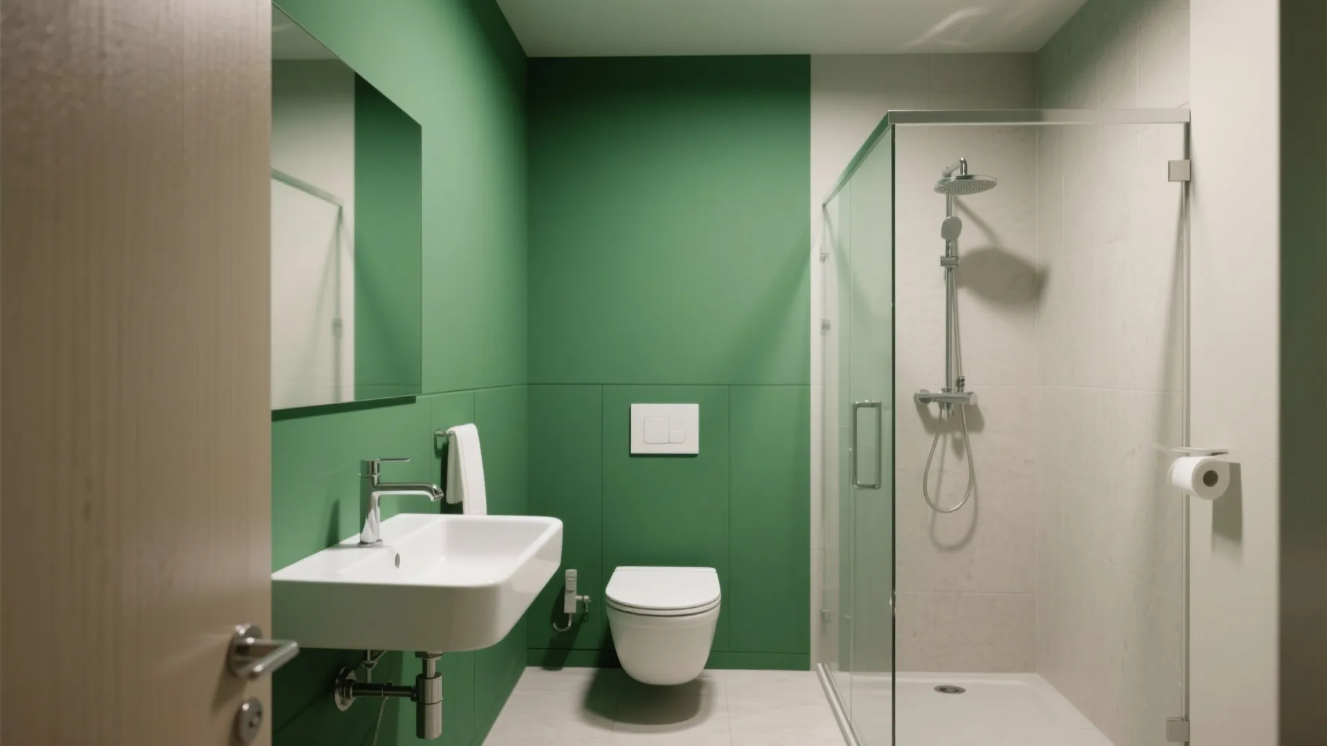 Bathroom interior design featuring bold green wall white sink toilet and glass shower door enclosure