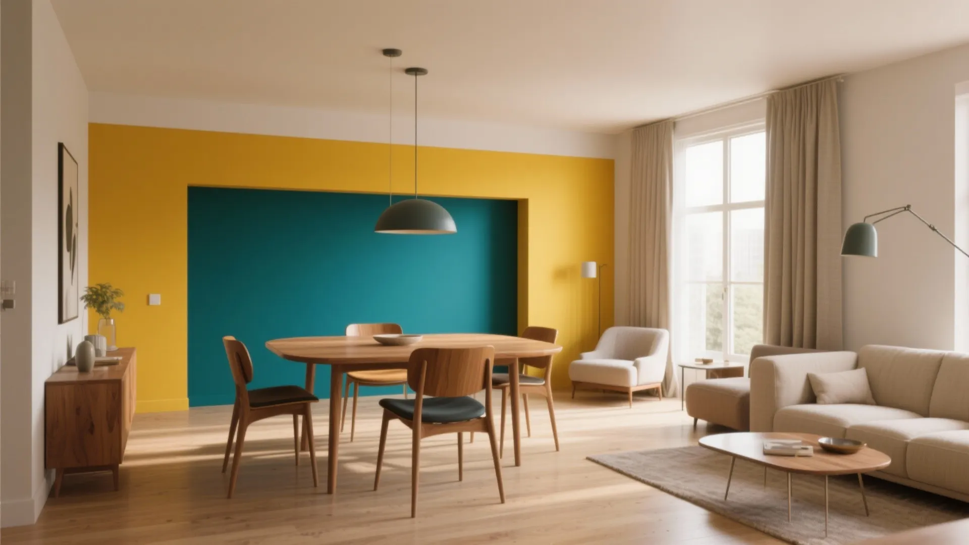 Dining room with yellow and blue walls wooden table chairs sofa rug and ceiling light