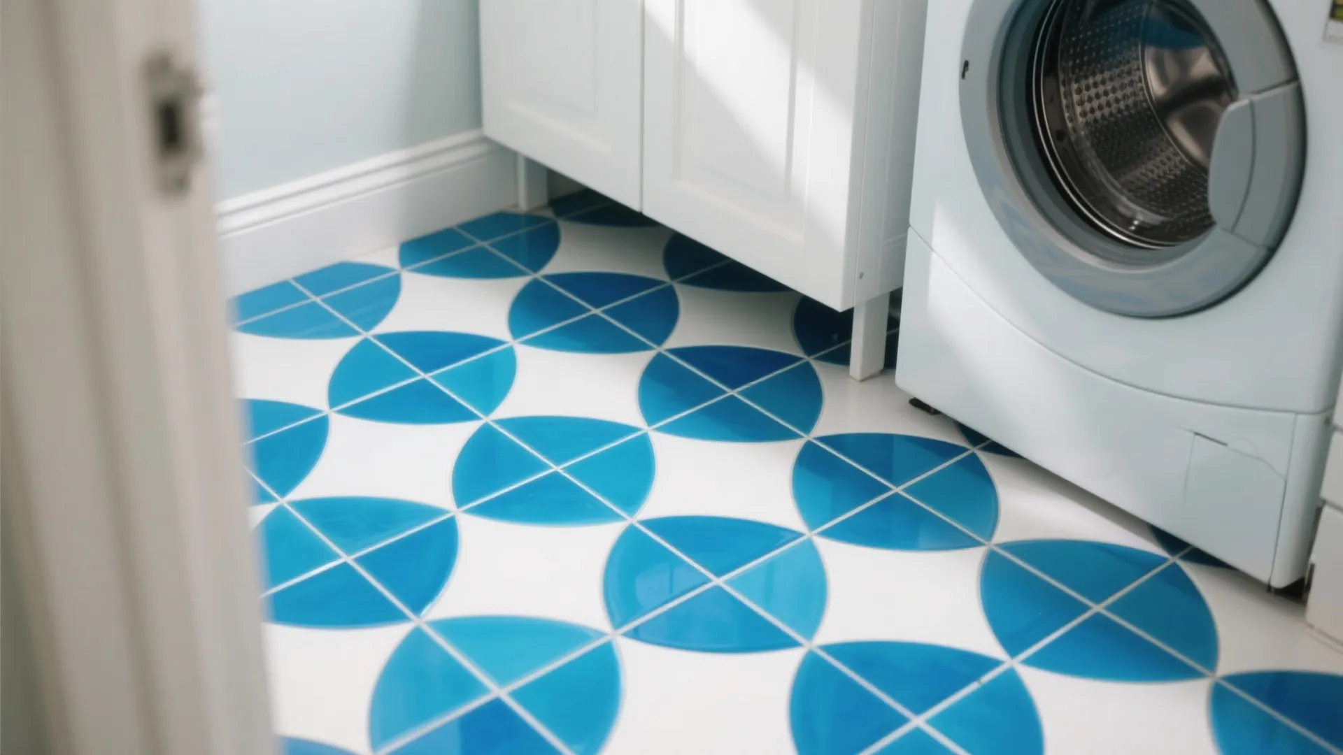 Laundry room with blue and white circular pattern floor tiles next to white cabinets and machine